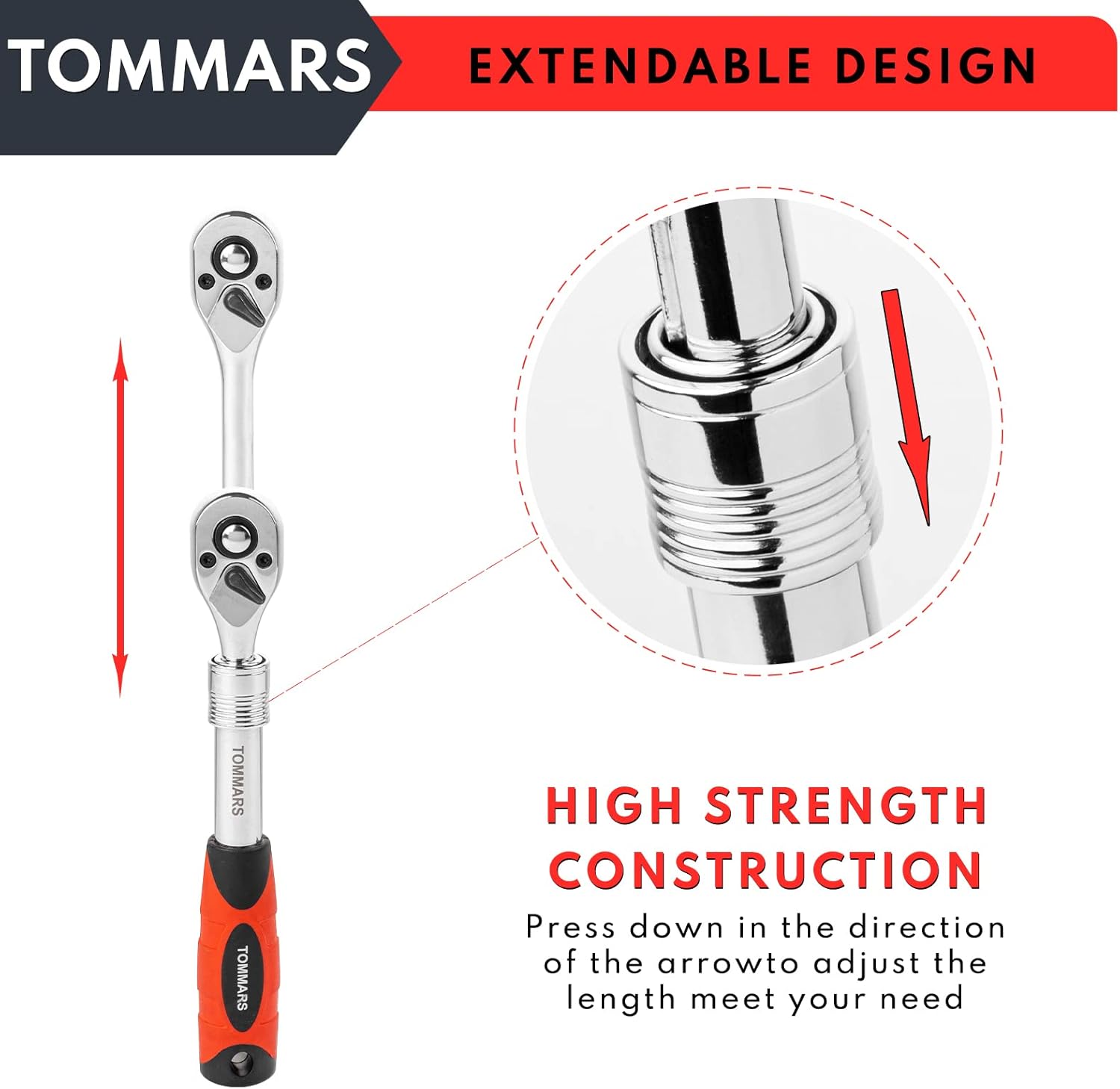 TOMMARS Extendable Ratchet Wrench Set, 1/4" 3/8" 1/2" Drive 72-Tooth Quick-release Retractable Socket Wrench Reversible Gift for Men Mechanic Hand Tools