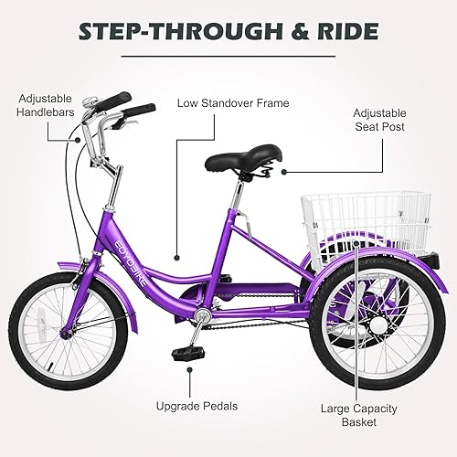 Vista 148 de H&ZT Triciclo para adultos, bicicleta de 3 ruedas, triciclo crucero, con engranaje de 7 velocidades, mango de freno de estacionamiento, escalón