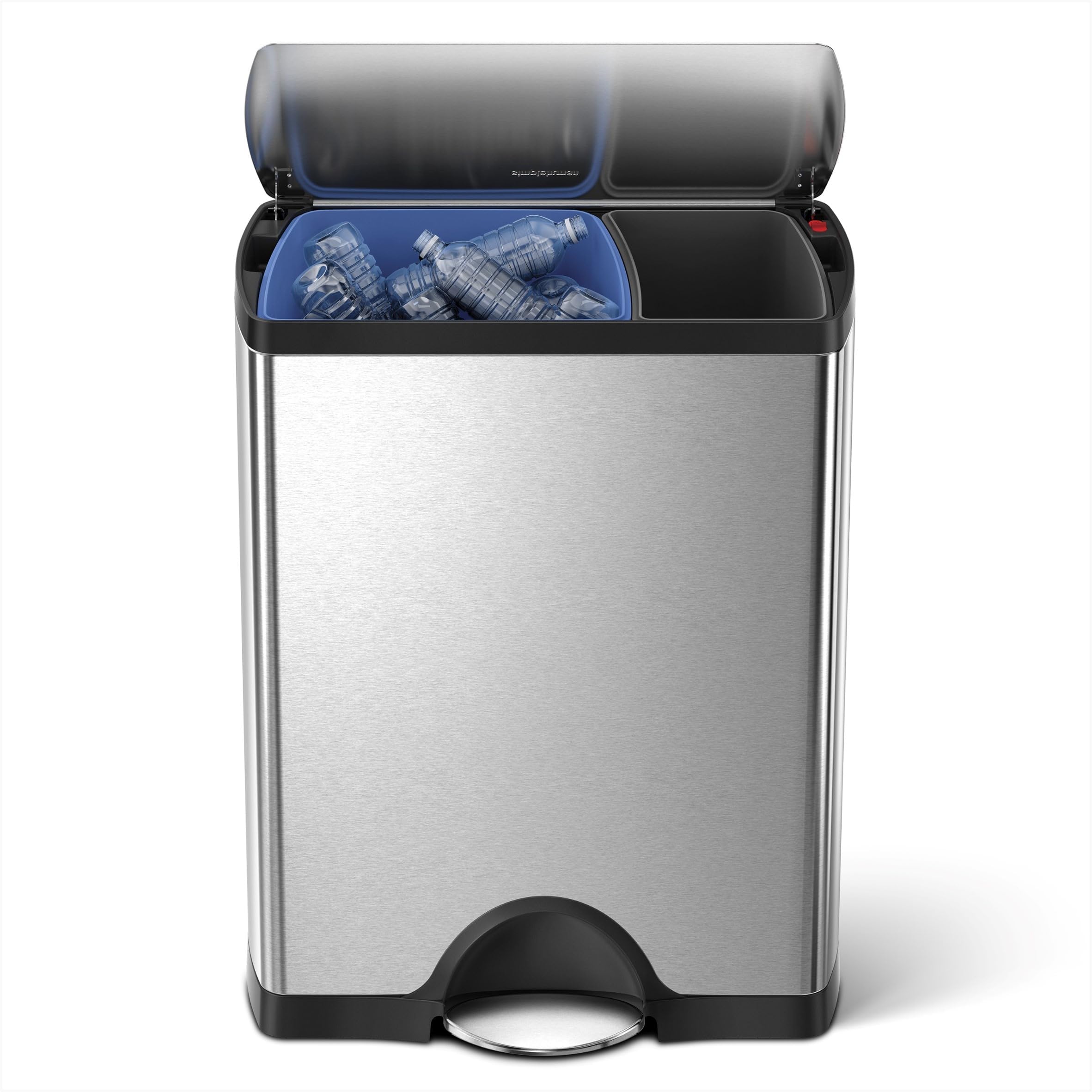 46L (30/16) Rectangular Recycling Double Kitchen Pedal Bin, Strong Steel Pedal, Silent Soft Close Lid, Inner Buckets, Built-In Wheels, Fingerprint-Proof, Brushed Stainless Steel CW1830