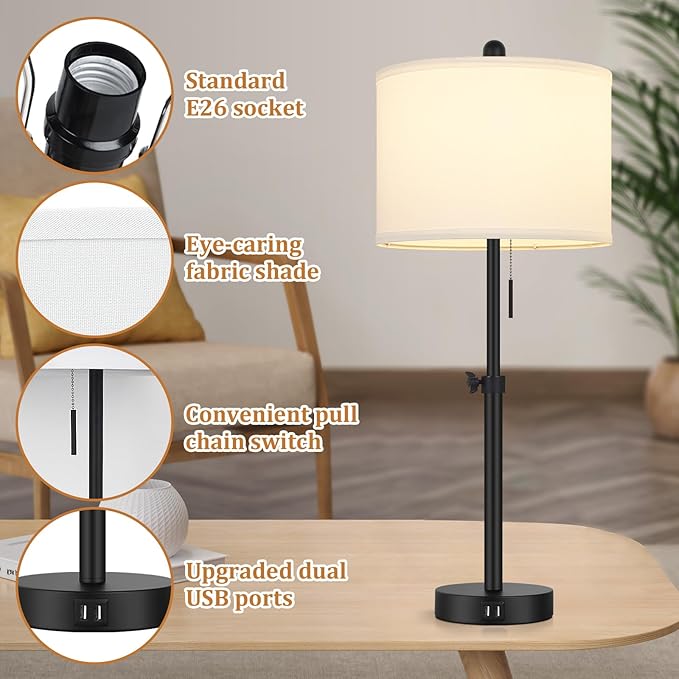 Lámpara de Mesa Kondras Ajustable 23-30" con 2 Puertos USB Negra miniatura 6