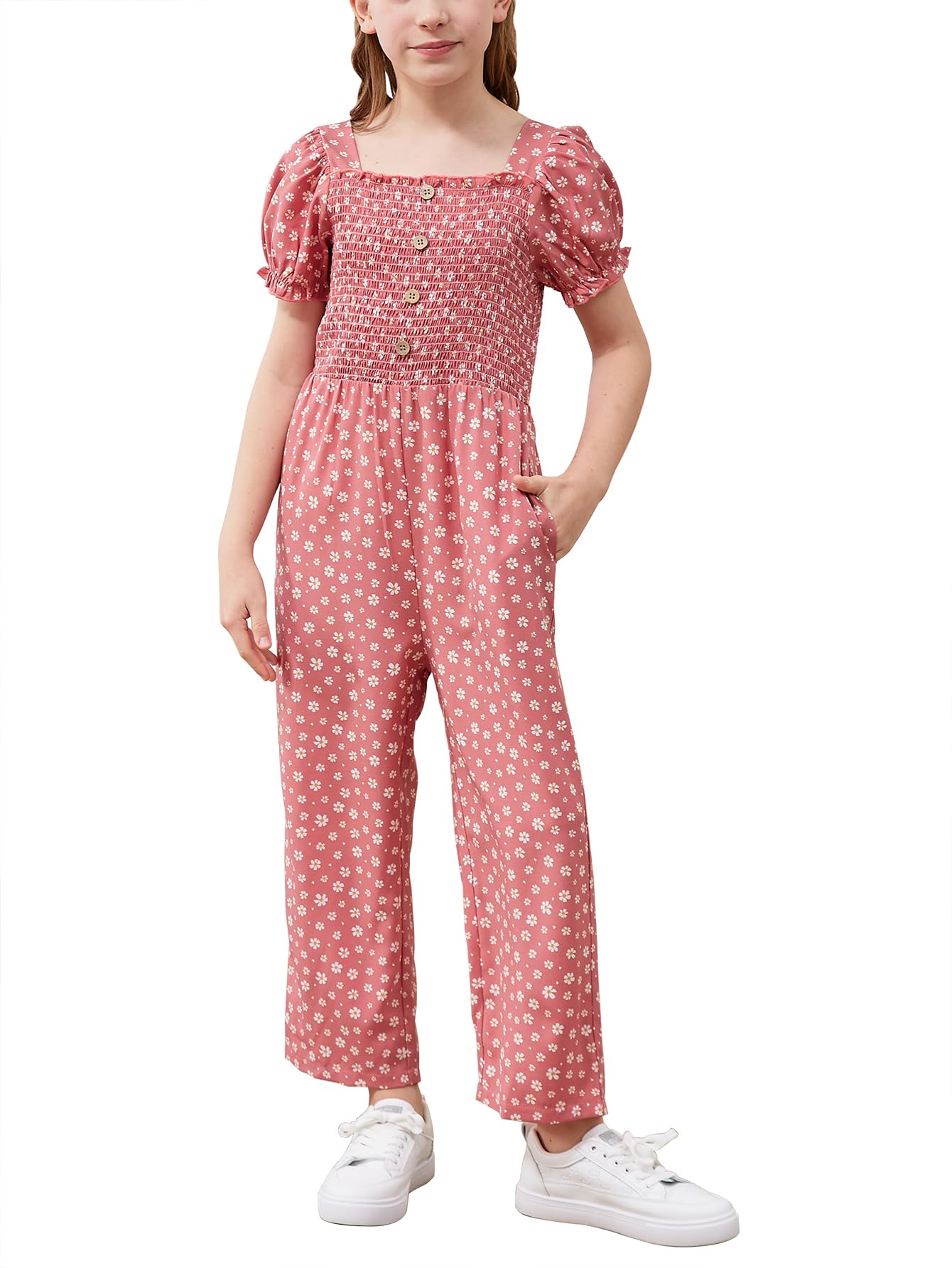 GORLYA Girls Puff Sleeve Casual Button Shirred Jumpsuit Outfits Straight Wide Leg Pant Jumper Rompers 4-14T