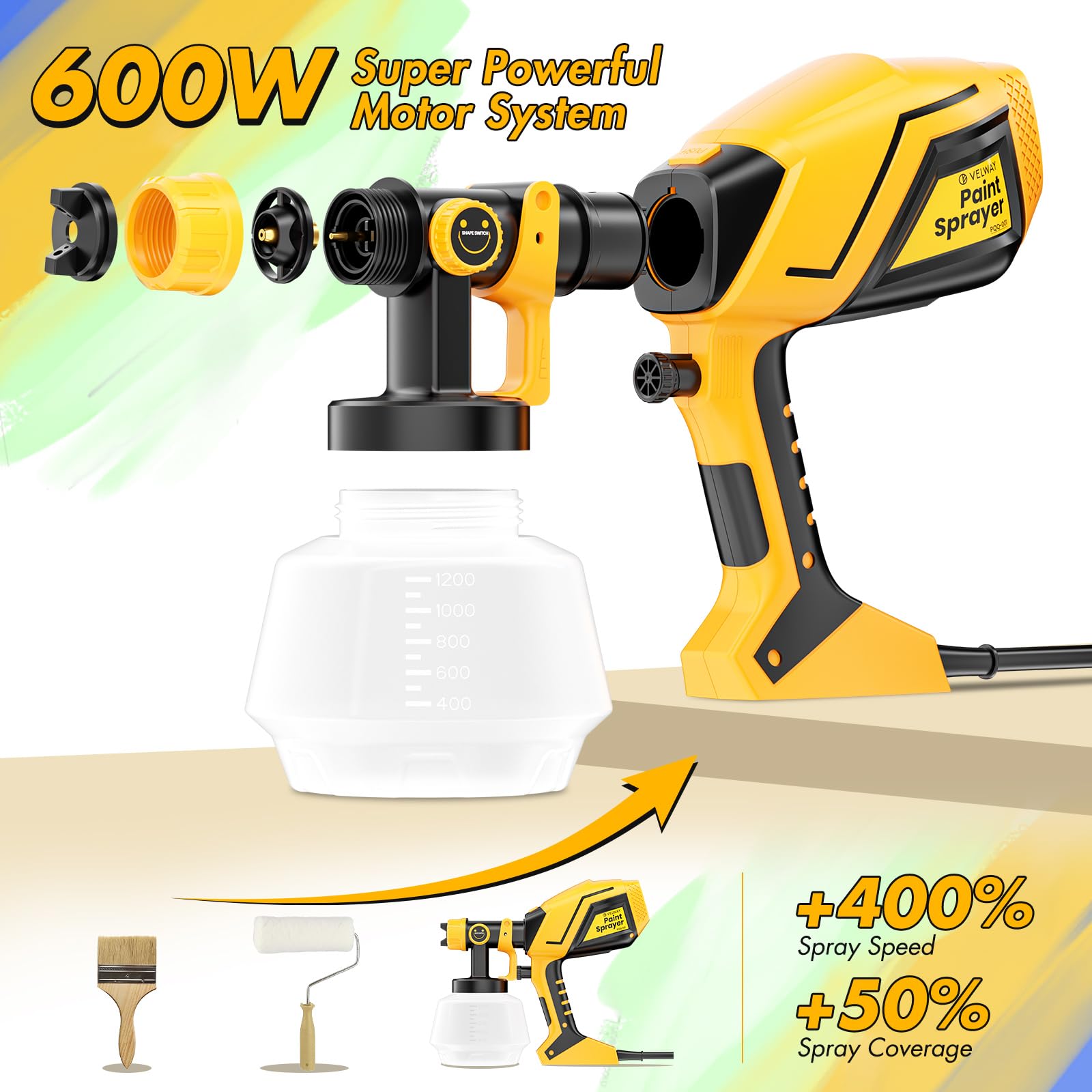 Velway Pistola de Pintura, 600W HVLP Pulverizador de Pintura Electrica con Contenedor de 1200ml, 5 Boquillas y 3 Patrones, Ideal para Muebles, Vallas, Paredes, Armarios, Bricolaje, Techos, Jardín