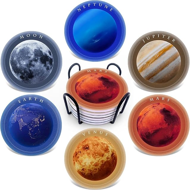 AODAYS Coasters for Drinks, Ceramic Stone Coasters Set with Stand, Cork Base, Galaxy Pattern, Cups Place Mats for Home Decor, Set of 6 Cool Home Decor