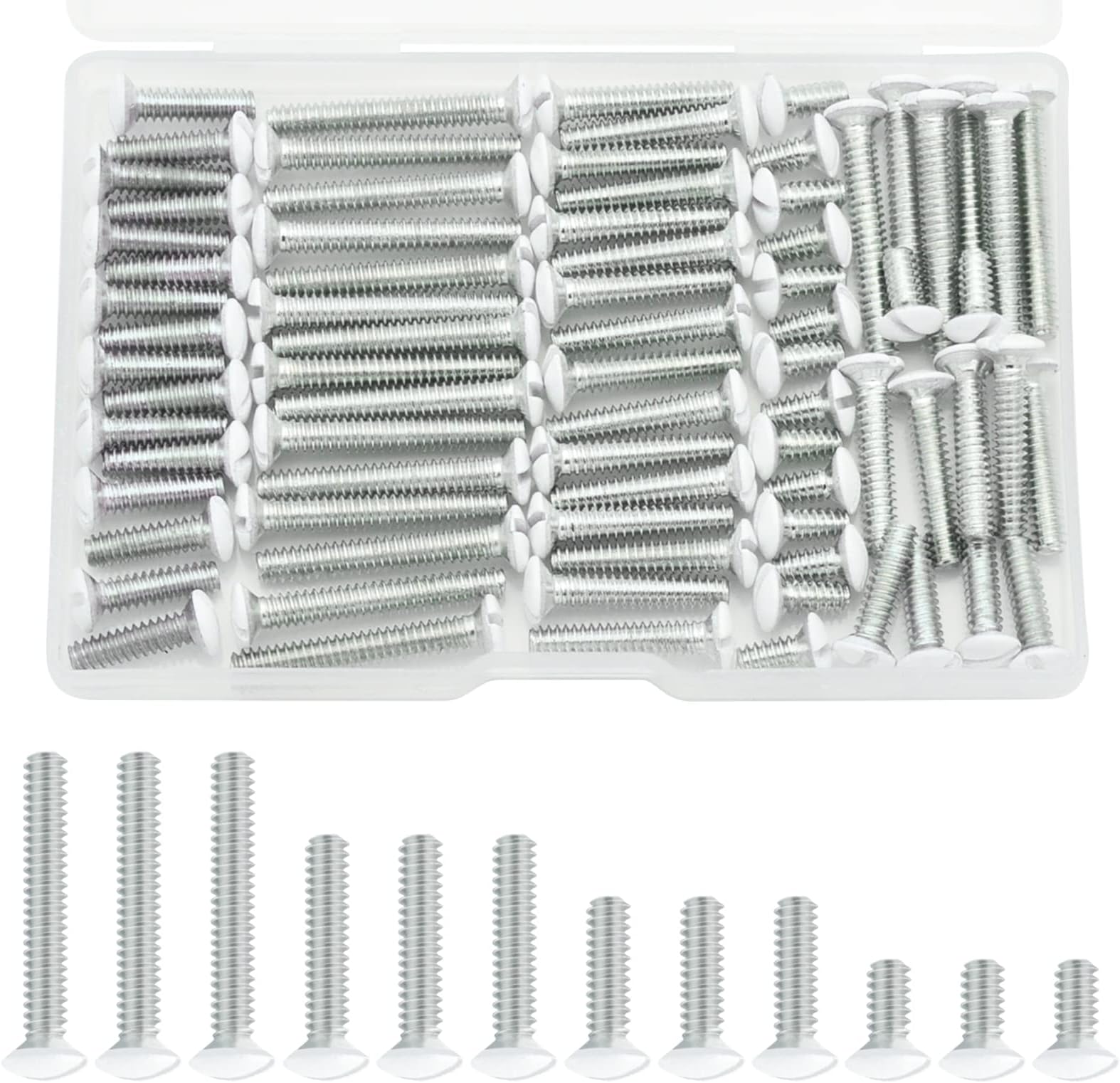 White Wall Plate Screws, 100 Pieces Outlet Screws 4 Length Sizes 6-32 Thread Switch Plate Screws Perfect Replacement for Outlet Cover Screws, Light Plate Screws, White Screws for Wall Plate, etc.