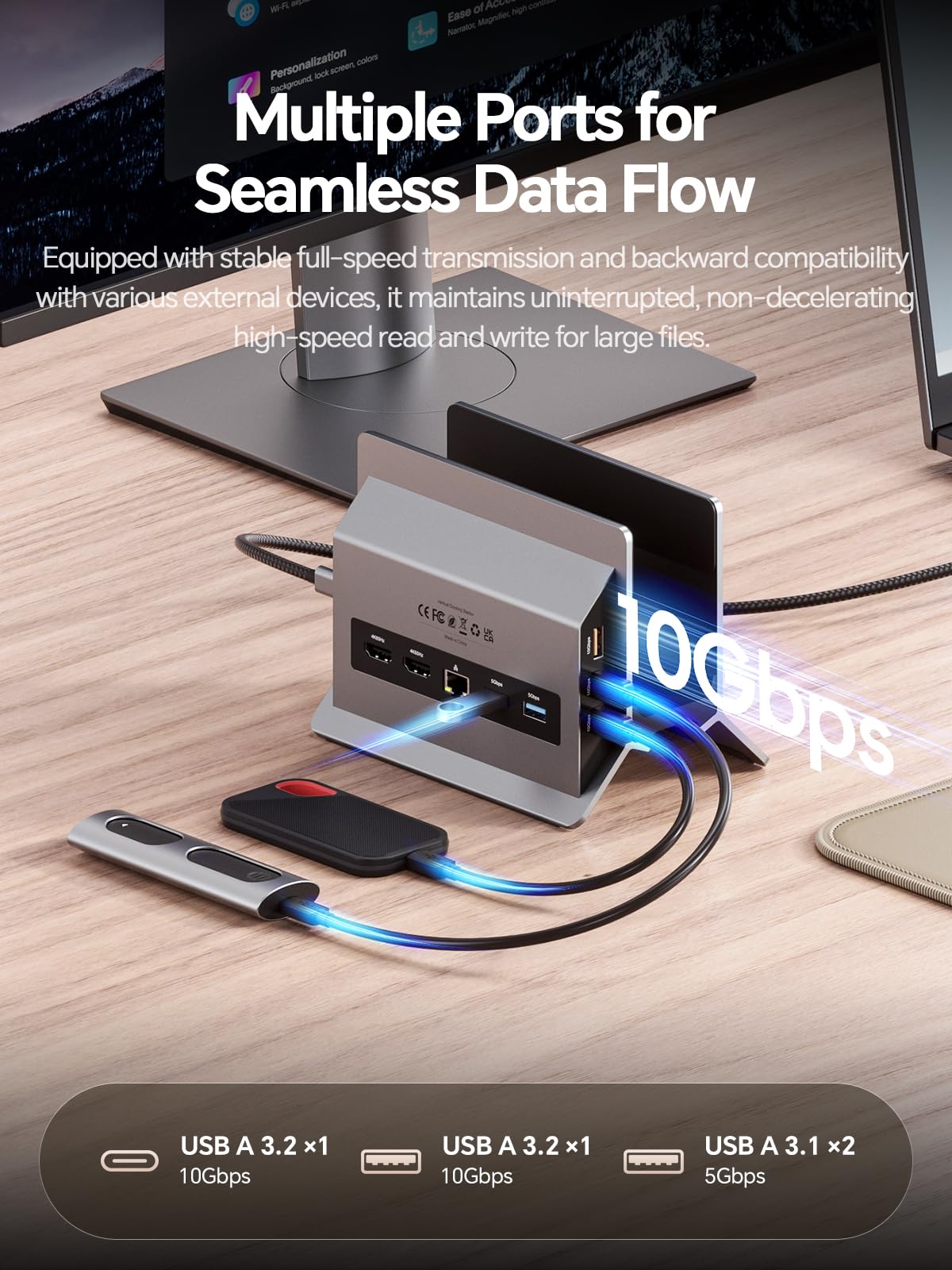 11-in-1 USB C Docking Station Doppio Monitor, Supporto Verticale per Laptop con 2xHDMI 4K 60Hz, 3xUSB A/C 10 Gbps, 2xUSB A 5 Gbps, USB A 2.0, Ethernet, PD3.0【Solo per laptop Windows】
