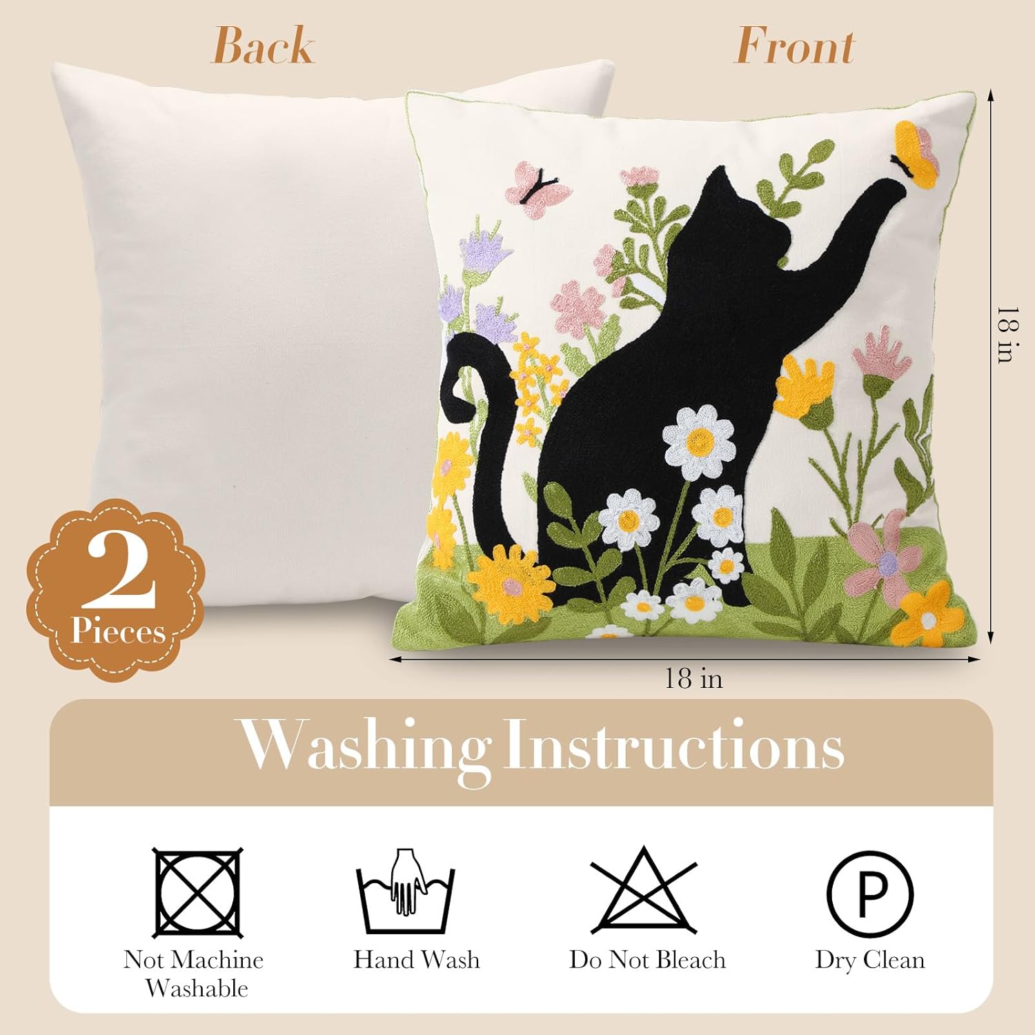 Peryiter 2 Pack Black Cat Embroidered Throw Pillow Covers 18x18 Floral Decorative Pillow Covers with Zipper Summer Aesthetic Farmhouse Boho Cozy Throw Pillowcases for Living Room Couch Sofa Bed - Image 2