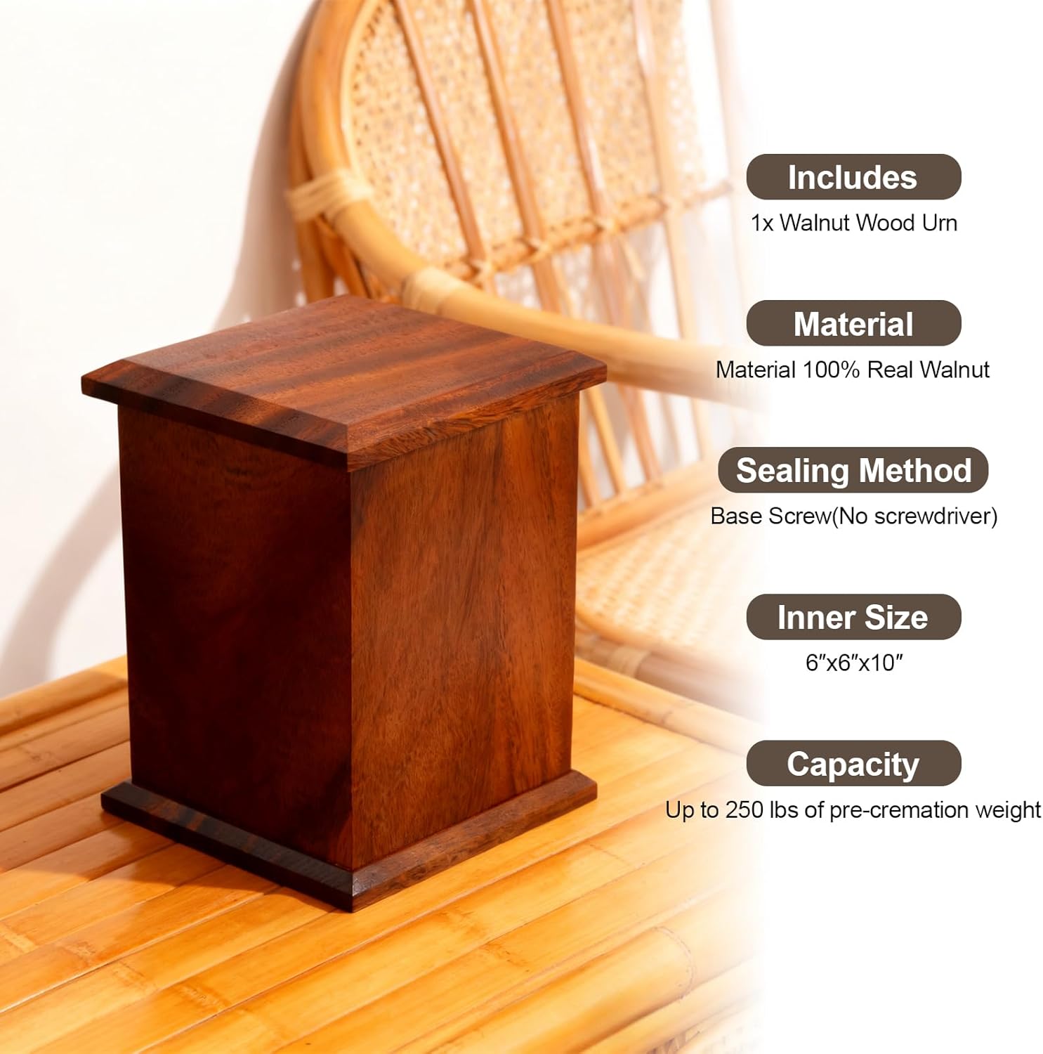 Walnut Wooden Urn for Cremation Human Ash, Handcrafted Large Urn Decorative Solid Wood Urn Up to 200lbs for Adult - Image 5