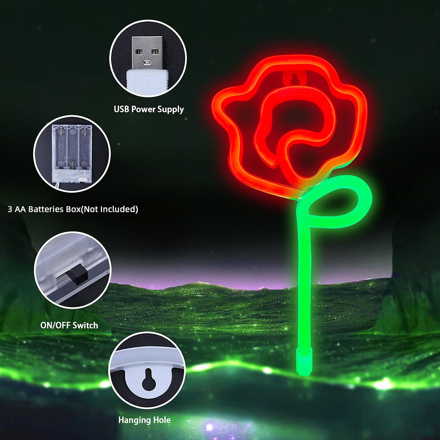ENUOLI Rose Neon Signs USB/Battery Powered Rose LED Neon Lights(Red) image 5