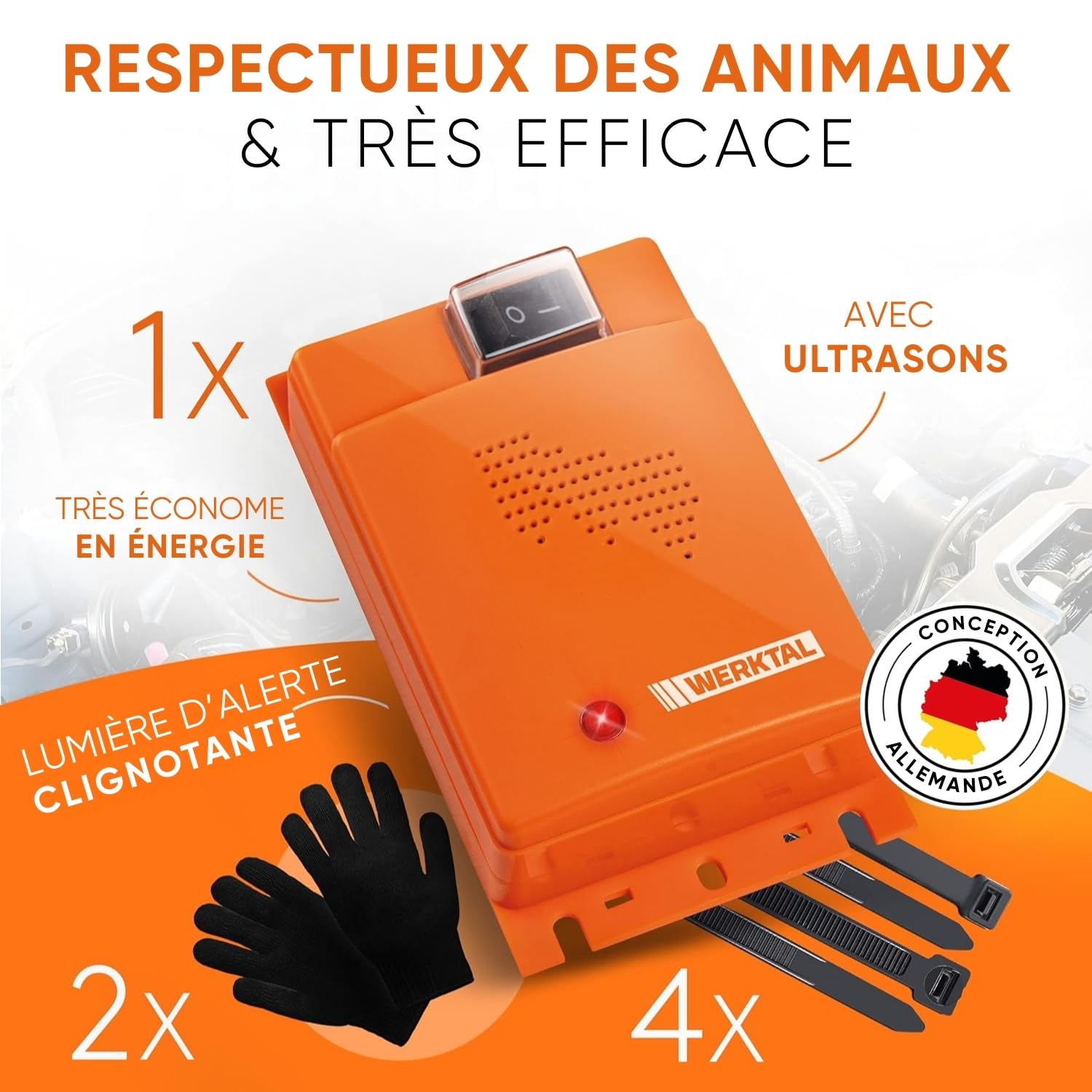 WERKTAL Anti-Martre Voiture – Répulsif Ultrasons & Lumière Flash [Alimentation Batterie Auto] – Marderabwehr Automatique – Protection Moteur Durable – Dispositif Anti Martre Efficace