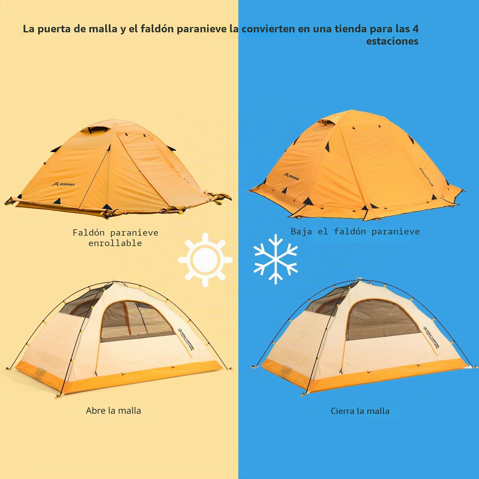 BISINNA Tienda de campaña para 4 Estaciones para mochileros, Tiendas de campaña de Invierno para 2 Personas, Tiendas de campaña Ligeras para Clima frío, Impermeable, Doble Capa, para Todas Las