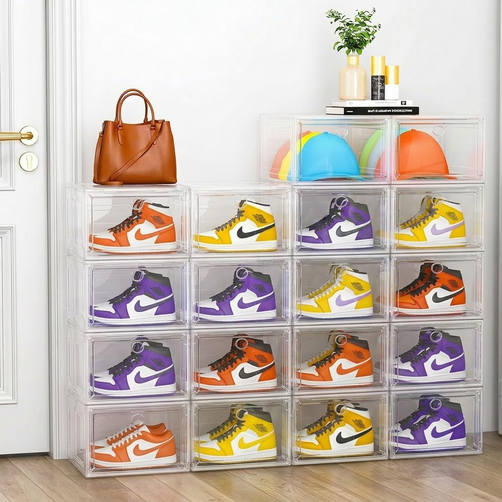 Large Shoe Boxes Clear Plastic Stackable, 8 Pack Drop Side Shoe Storage Organizer with Magnetic Door, Shoe Container Sneaker Storage Display Case Fit up to US Size 13 CLEAR