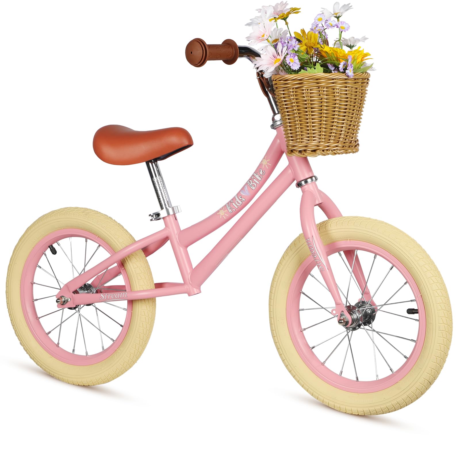H.yeed 14 Inch Kids Balance Bike, Lightweight Height-adjustable Push Bike with Removable Basket and Rubber Air Tires, Toddler Training Bike for 3-6 Years Old Boys Girls（No Flower） (pink)