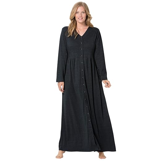 Only Necessities Women's Plus Size Long Snap-Front Knit Lounger House Dress or Nightgown - L, Heather Charcoal Black