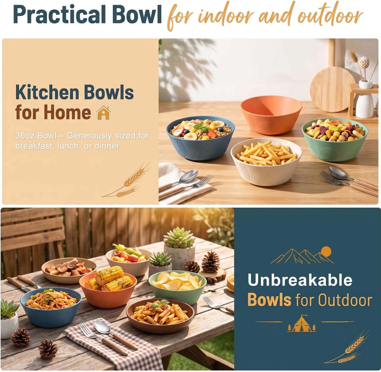 36oz Soup Bowls Set of 6, Unbreakable Wheat Straw Bowls - Multi