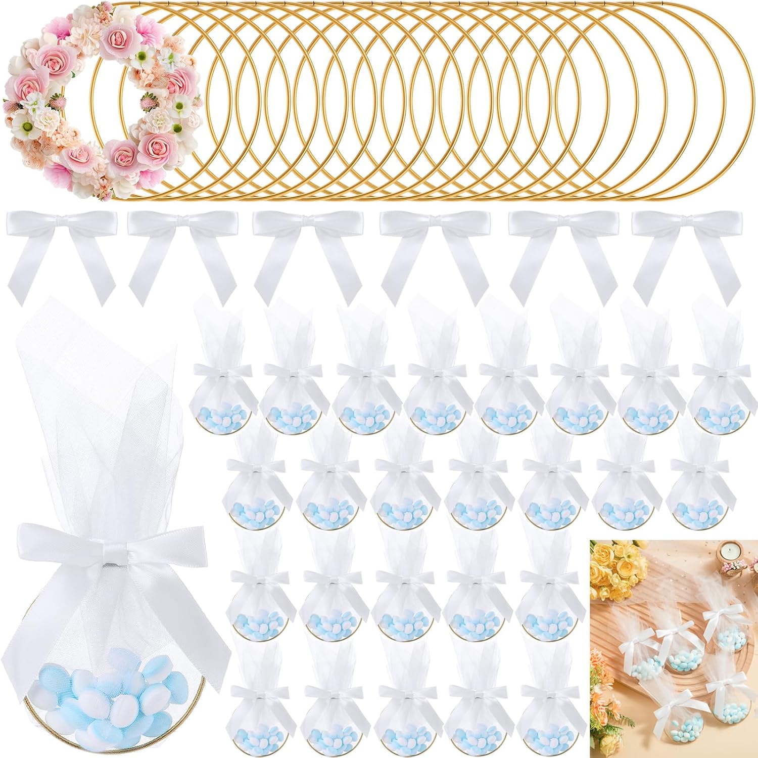 Shimeyao 50 Set Wedding Favors for Guests 3 Inch Metal Rings for Craft Wedding Favors Bags with Ribbon DIY Organza Candy Pouch for Guests Bridal Shower Baby Shower