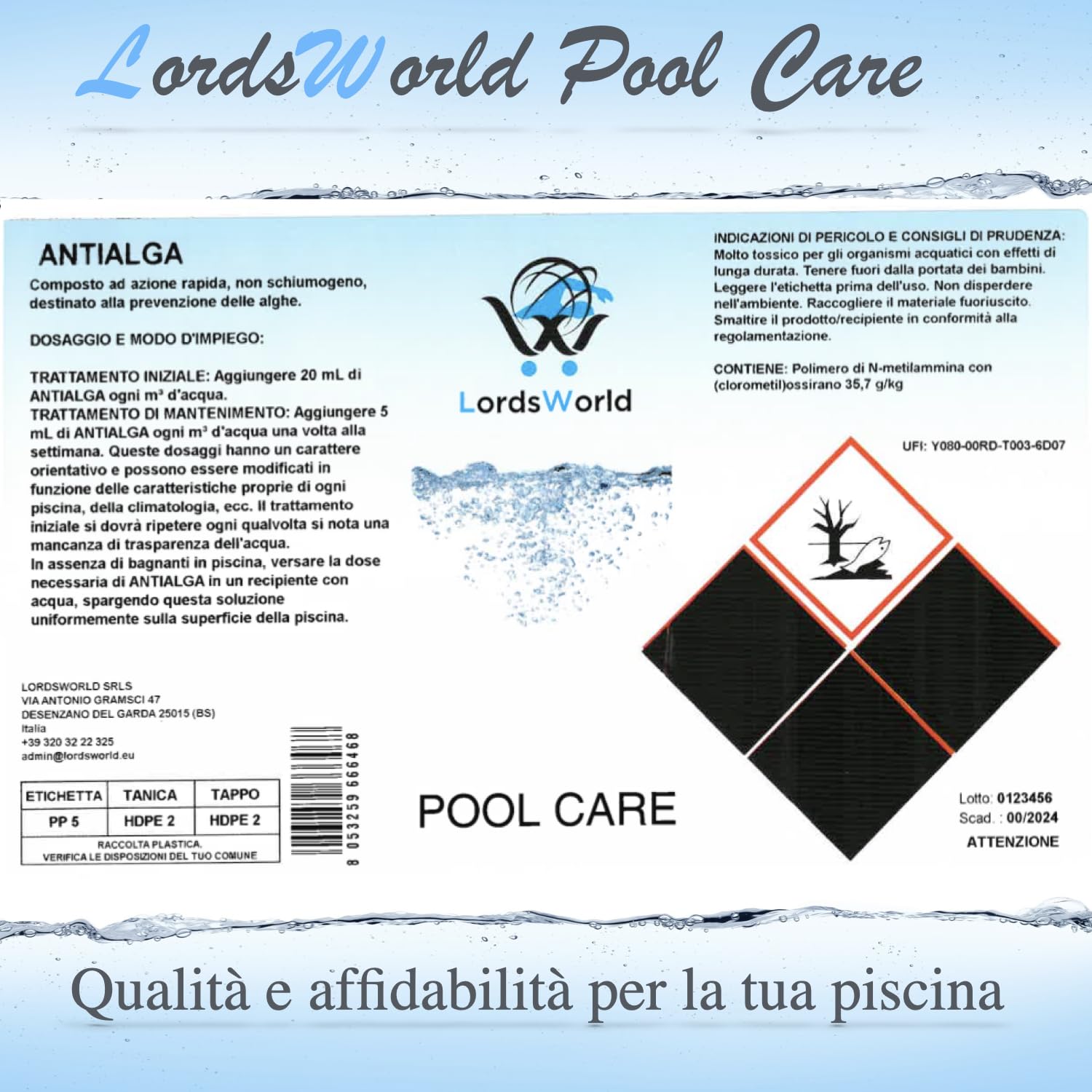 LordsWorld Pool Care - Antialga per Piscina - Idoneo per Piscina Fuori Terra, Interrata Spa e Jacuzzi, Azzurrante Acqua Limpida - Adatto a Regolatore Ph Piscina Automatico, Piscine Acqua e Sale (10Lt)