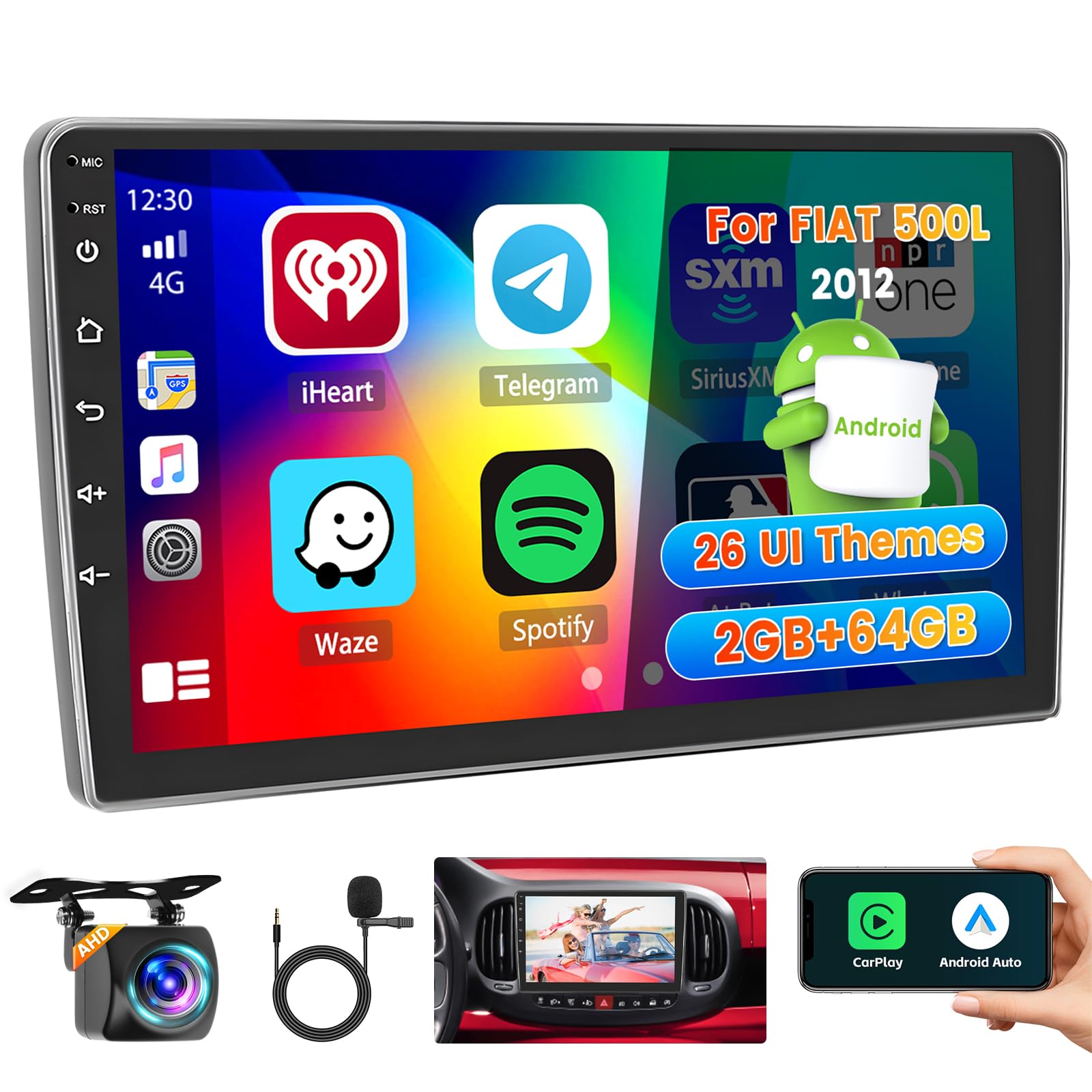 Roinvou 2+64G Schermo Radio per FIAT 500L 2012-2017 Wireless CarPlay Android Auto, Android Autoradio 10.1 Pollici Stereo Auto con Wi-Fi GPS Bluetooth EQ FM/RDS SWC Telecamera Posteriore
