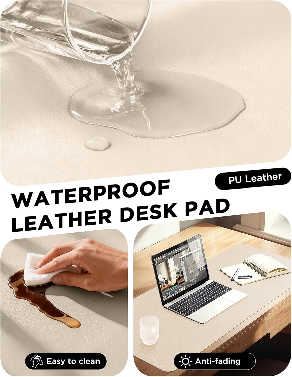 YSAGI Large PU Leather Desk Mat for Keyboard and Mouse - Waterproof Non-Slip Desk Pad Protector for Office, Home, Writing Desk (Beige, 47.2" x 17")