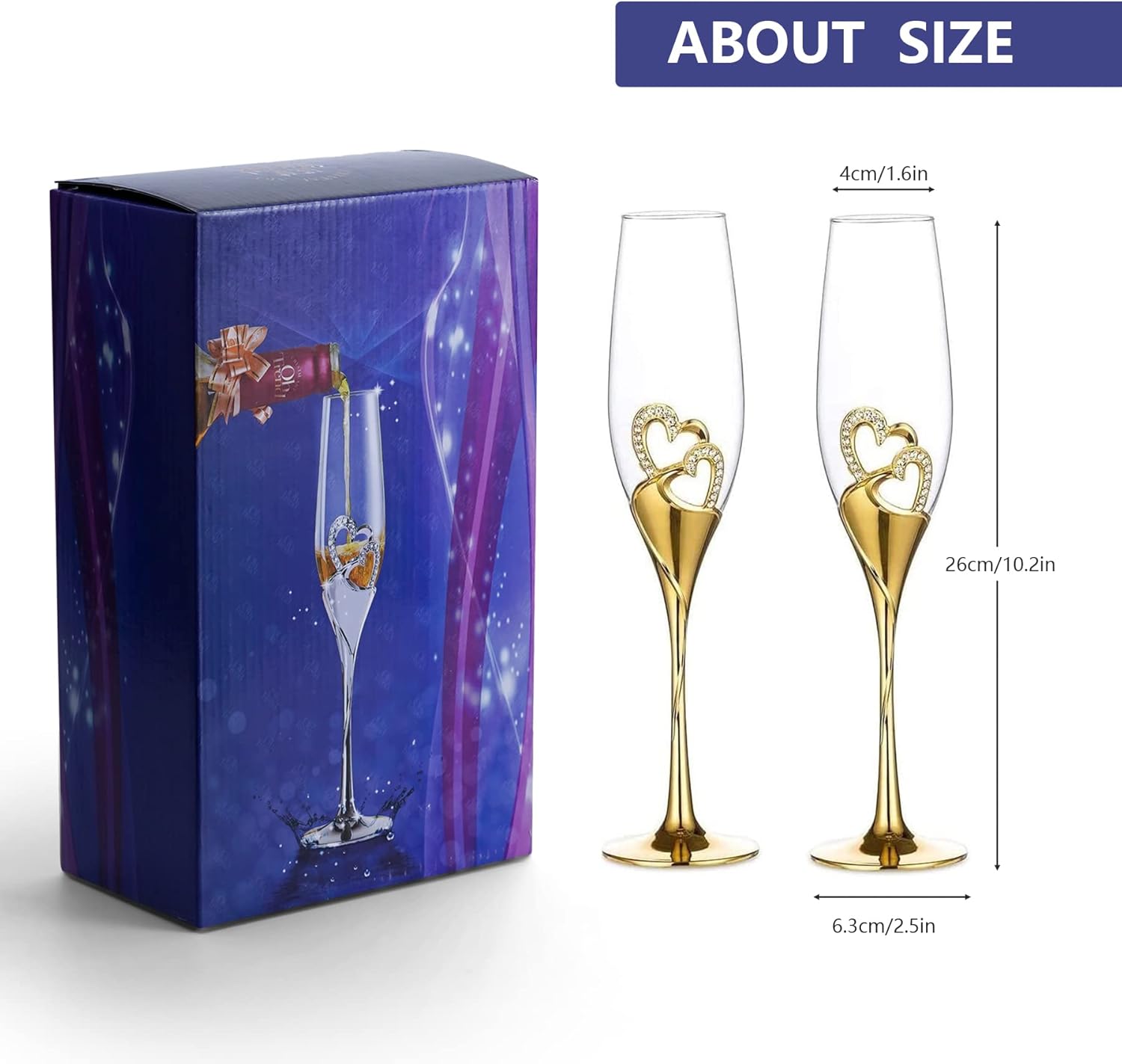 LANLONG Wedding Champagne Goblets Toasting Flute Glasses for Bride and Groom Creative Deluxe Glass Cups with Rhinestone Rimmed Heart Decoration Gift Set