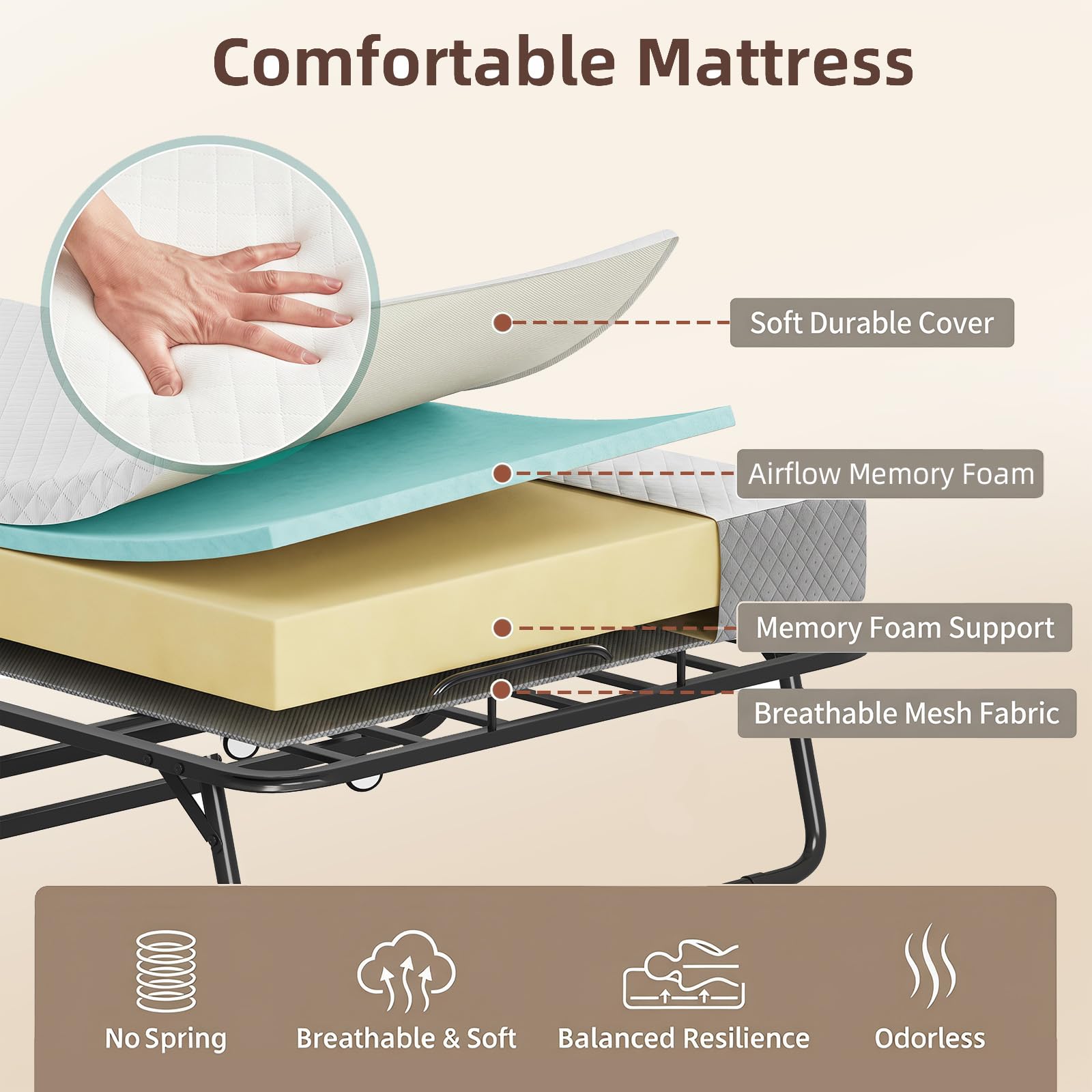 Somdot Letto Pieghevole 1 Persona, Fodera Lavabile, 190 x 78,5 cm