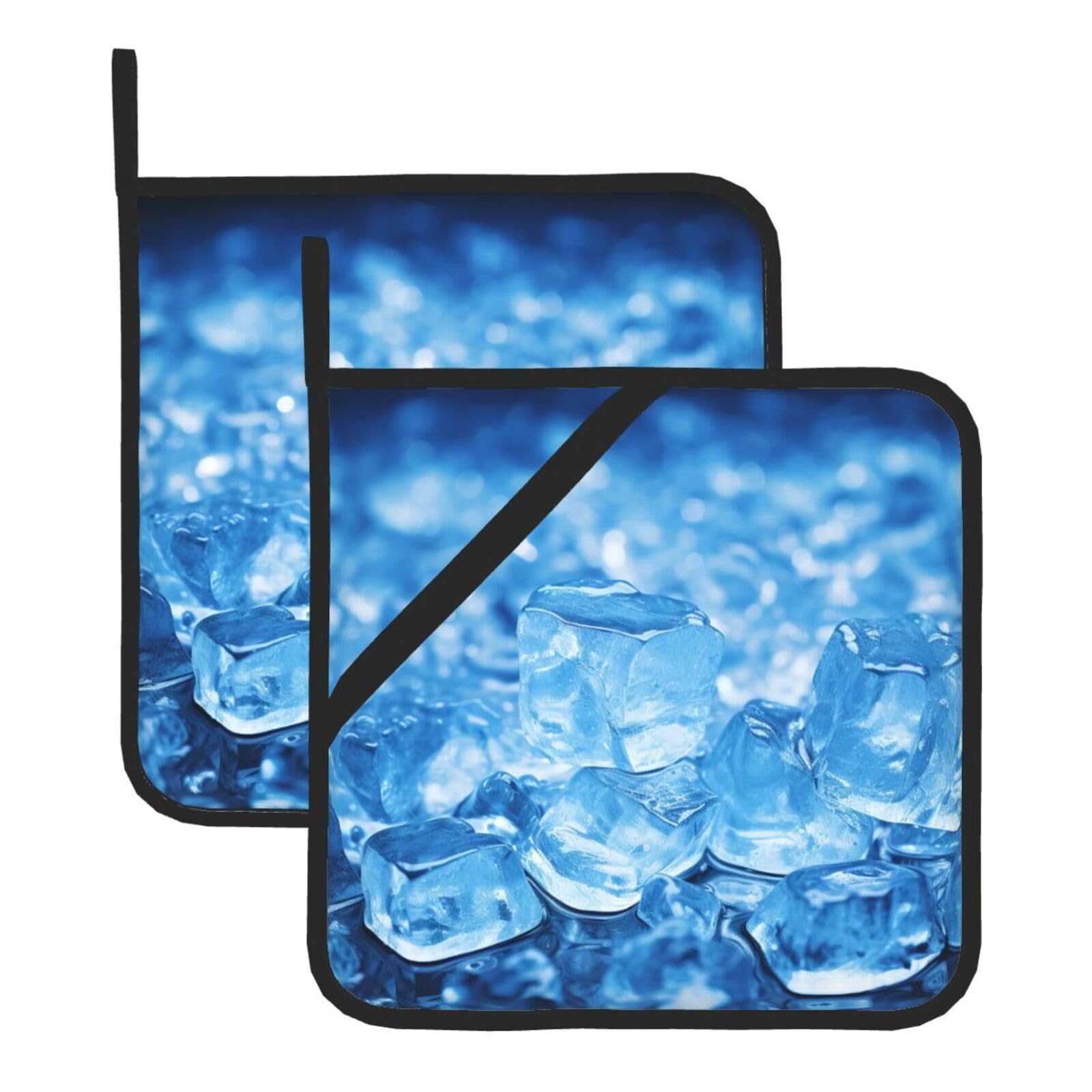 2 Pack Blue ice Cube Background Pot Holders for Kitchen Heat Resistant Pot Holders with Pocket Oven Potholders Washable Hot Pads for Cooking Baking Oven Pans Trivet 8x8 Inches