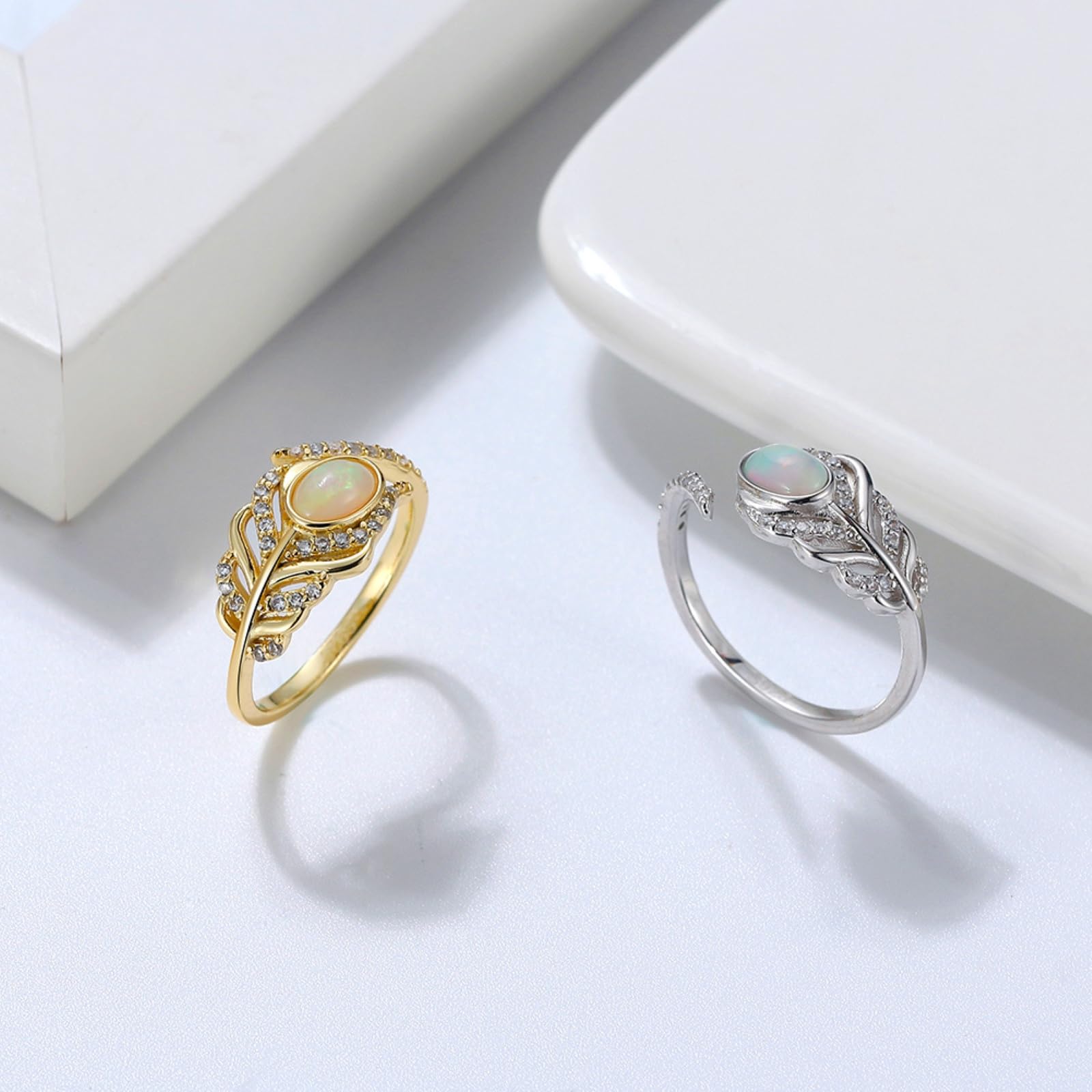 Anello di Fidanzamento Argento 925 Disegno Piuma Anello Regolabile con Opale Naturale e Zirconi per Donna Ragazza