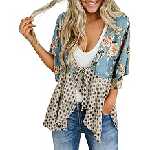 Boho Kimono for Women Tie Front Floral Short Sleeve Flowy Lightweight Summer Cardigan Beach Cover Up Casual Wear