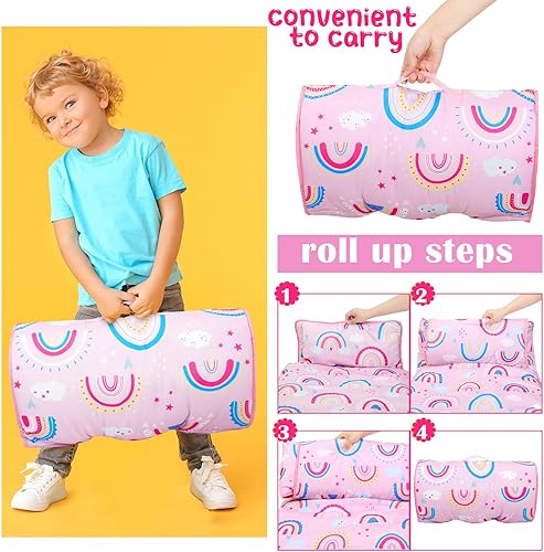Miniatura 4 de Newwiee Saco de dormir para niños pequeños de 20 x 50 pulgadas con almohada extraíble y manta, tapete enrollado para dormir para niños, guardería,