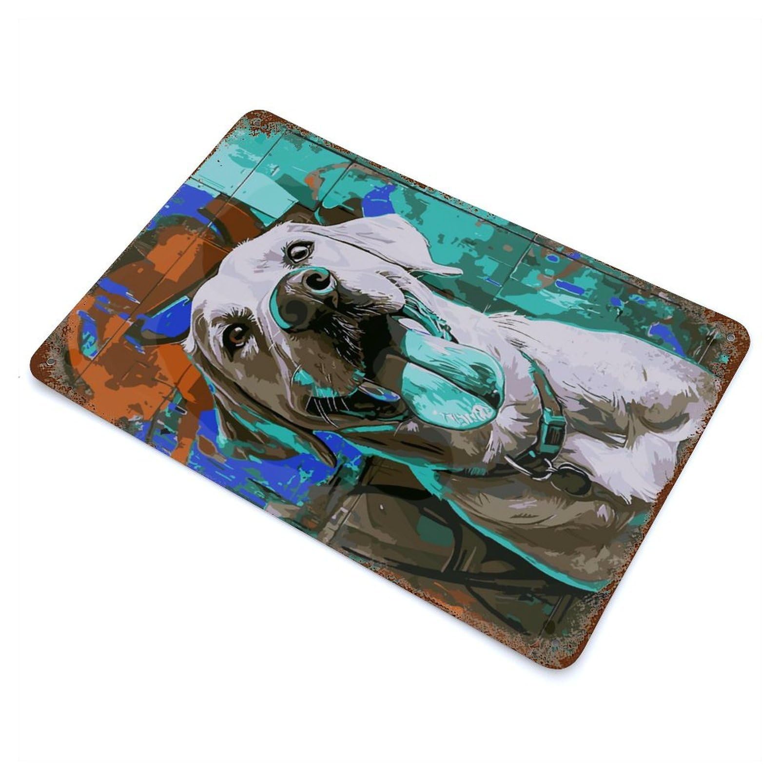Rust Effect Happy Dog Portrait with Graffiti Background Aged Metal Wall Plaque 11.8"x7.9", Farmhouse Wall Decor for Office, Studio And Wall Decor