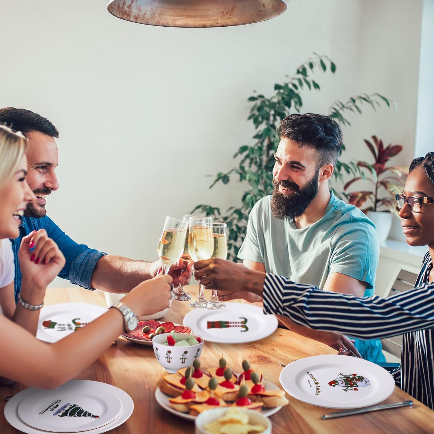 24 Pcs Christmas Melamine Dinnerware Set Service for 8 Guest, 10" Dinner Plates, 8" Salad Plates, 3"×6" Bowl, Santa Snowman Reindeer Xmas Tree, Festive Holiday Tableware for Family Party Gift