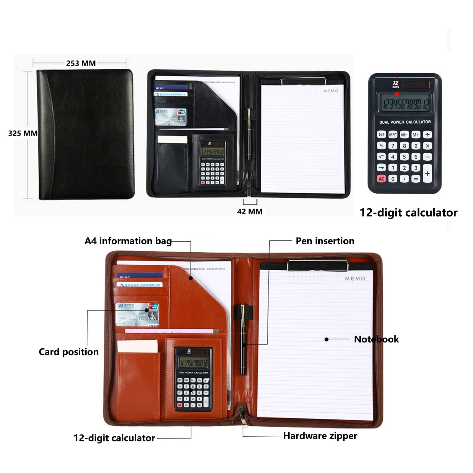 Raccoglitore A4 Padfolio Portfolio, Raccoglitore Portadocumenti A4 in Pelle PU con Cerniera Padfolio Organizer Blocco for Appunti Portapenne Porta Biglietti da Visita Marrone Nero(Black)