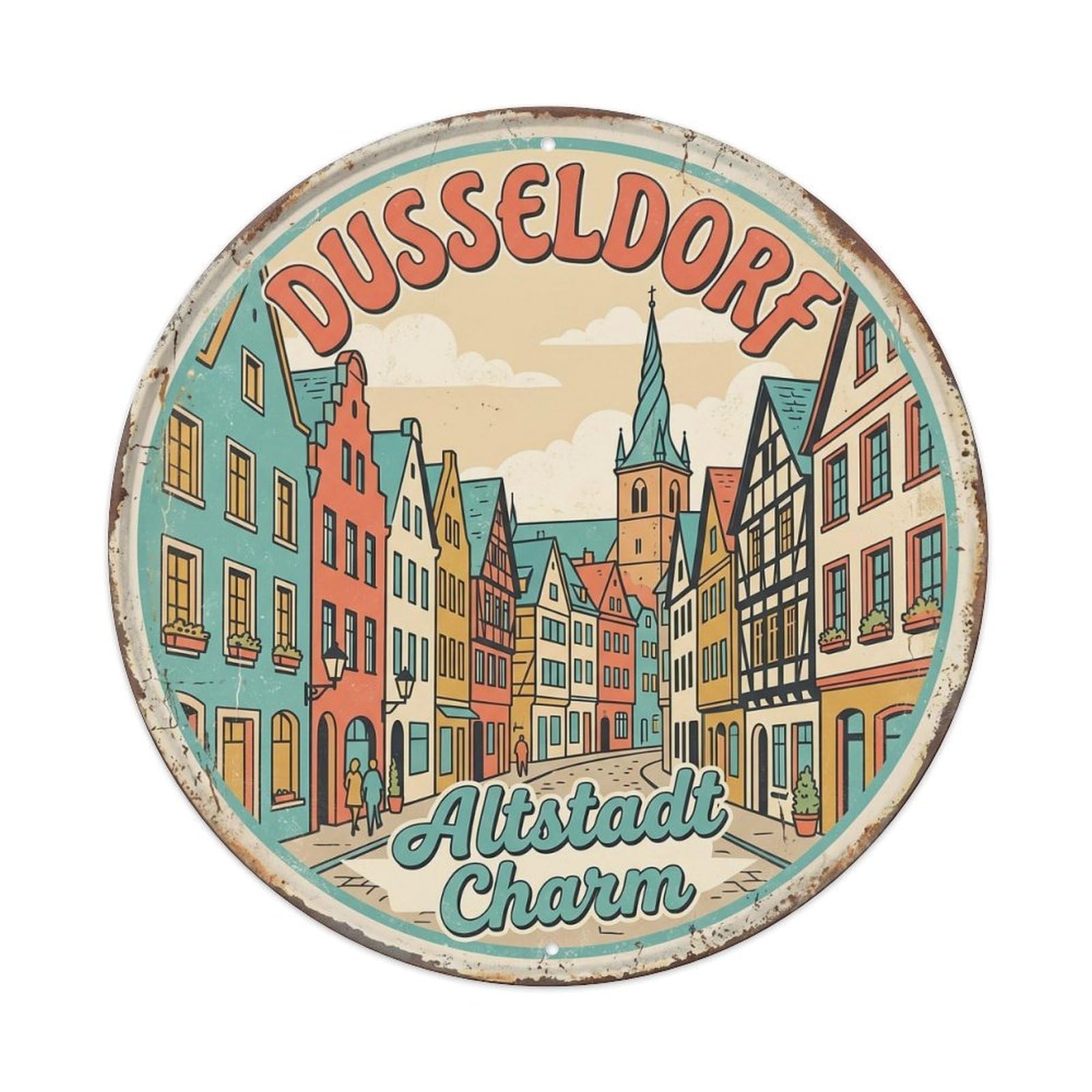 Cmhok Vintage Style Vintage Travel Dusseldorf Altstadt Germany Metal Tin Sign Plaque Wall Decor For Cafe, Club, Garden Round Metal Poster 8X8inch