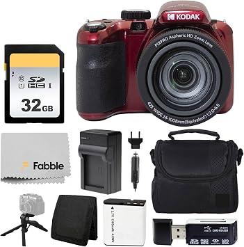 Kodak PIXPRO AZ425 Digital Camera + 32GB Memory Card + Camera Case Black + Battery + Charger + USB Card Reader + Table Tripod + Accessories Red