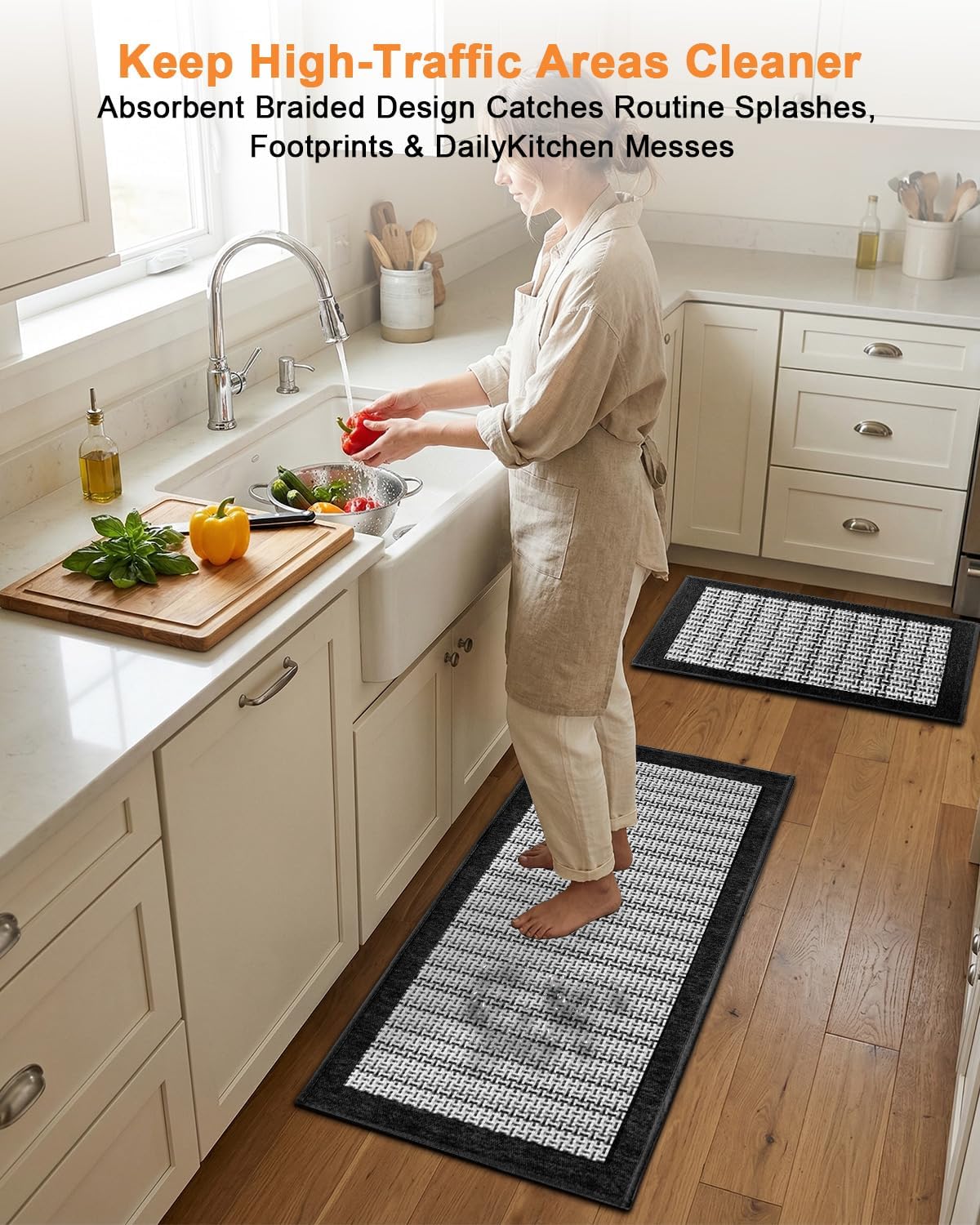 eqivei Kitchen Rugs, Non Slip Washable Kitchen Mat Set of 2, 47"x20"+31"x20", Absorbent Runner Rugs with Rubber Backing for Front of Sink, Kitchen Floor, Laundry Room (Black)