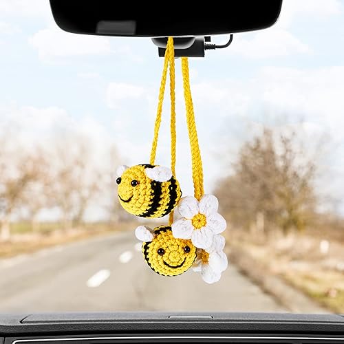 4 piezas de bonitos accesorios de espejo retrovisor de abeja y flor, decoración de automóvil de ganchillo de abeja y flor, accesorios colgantes para