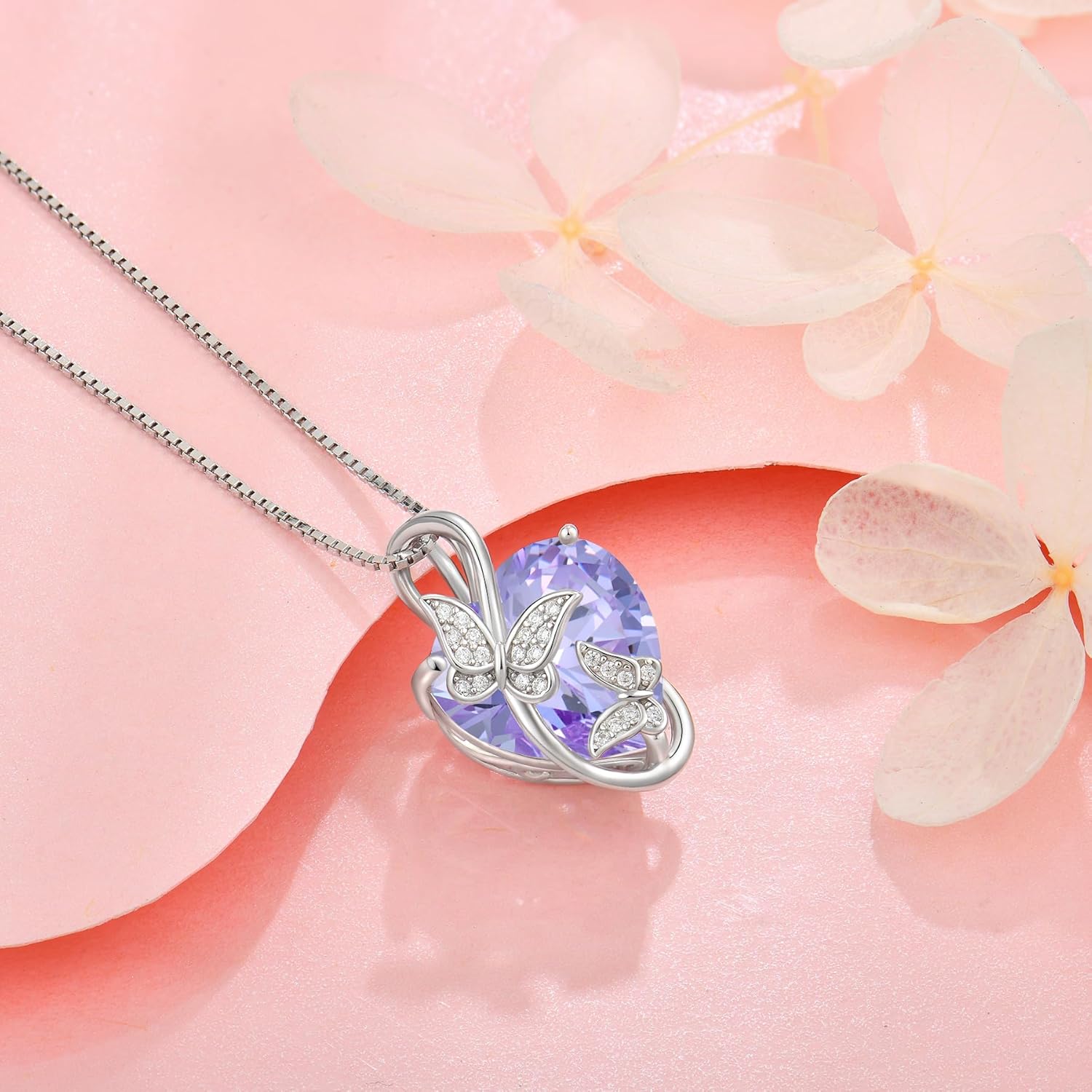 Women's Butterfly Heart Birthstone Pendant Necklaces 925 Sterling Silver 5A Cubic Zirconia Jewelry Gifts,Christmas Anniversary Birthday Gifts for Her - Image 4