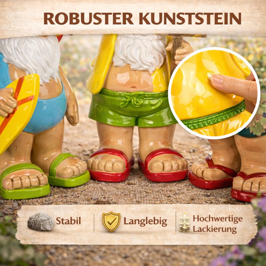 formano 3er Set Gartenzwerge lustige Gartendeko Figuren aus Kunststein handbemalt 24 cm Gartenfiguren mit glänzender Oberfläche für Garten Terrasse Balkon, dekorative Outdoor Zwerge