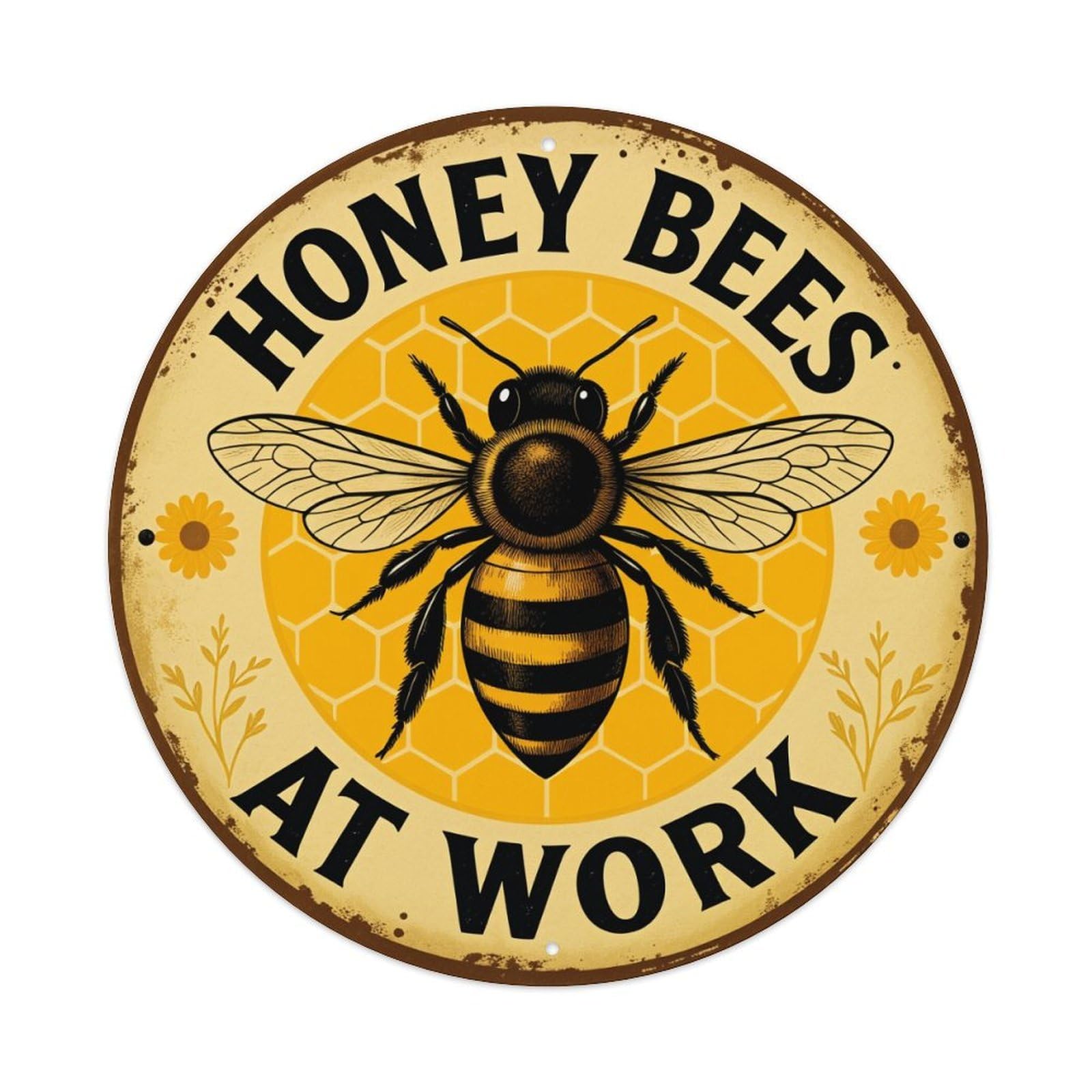 Honey Bee Work Sign Pattern Round Metal Tin Sign Vintage Wall Decor, Bar Garage Cafe Kitchen Home Wall Art Poster 8x8inches