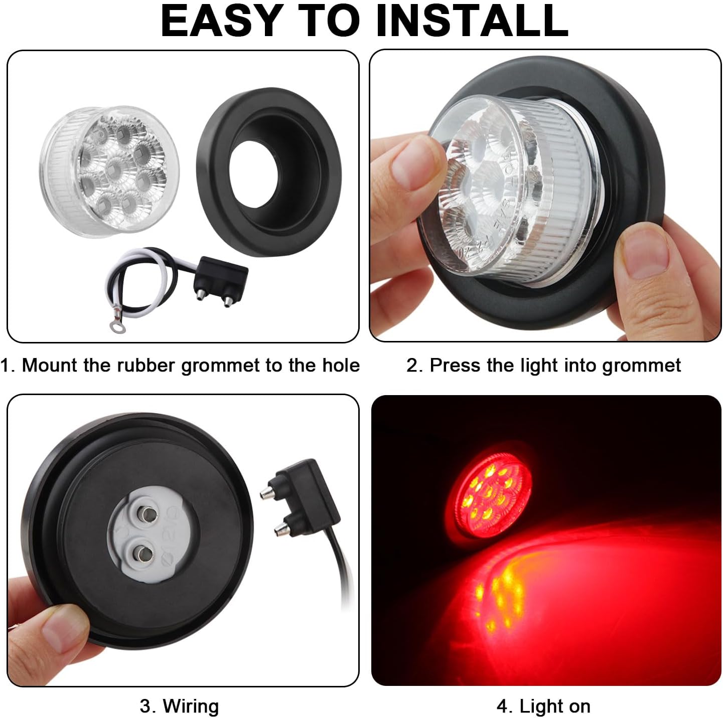 10Pcs 2" Inch Round Red Led Trailer Side Marker Clearance Lights Kit Clear Lens 9 LED Reflectors w/Rubber Lights Grommets and 2 Prong Wire Pigtails Sealed Waterproof Marker Lights for Trucks 12V