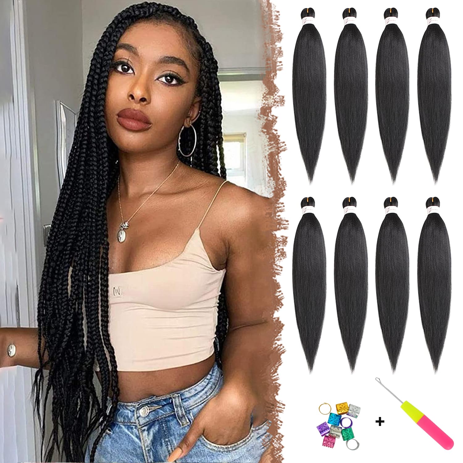 FESHFEN Extensiones para Trenzas Africanas 8 Piezas Pre Stretched Braiding Extensiones de Cabello Trenzado Sintetico Twist Crochet Braid Extensión Pelo Postizo El marrón más oscuro, 66 cm