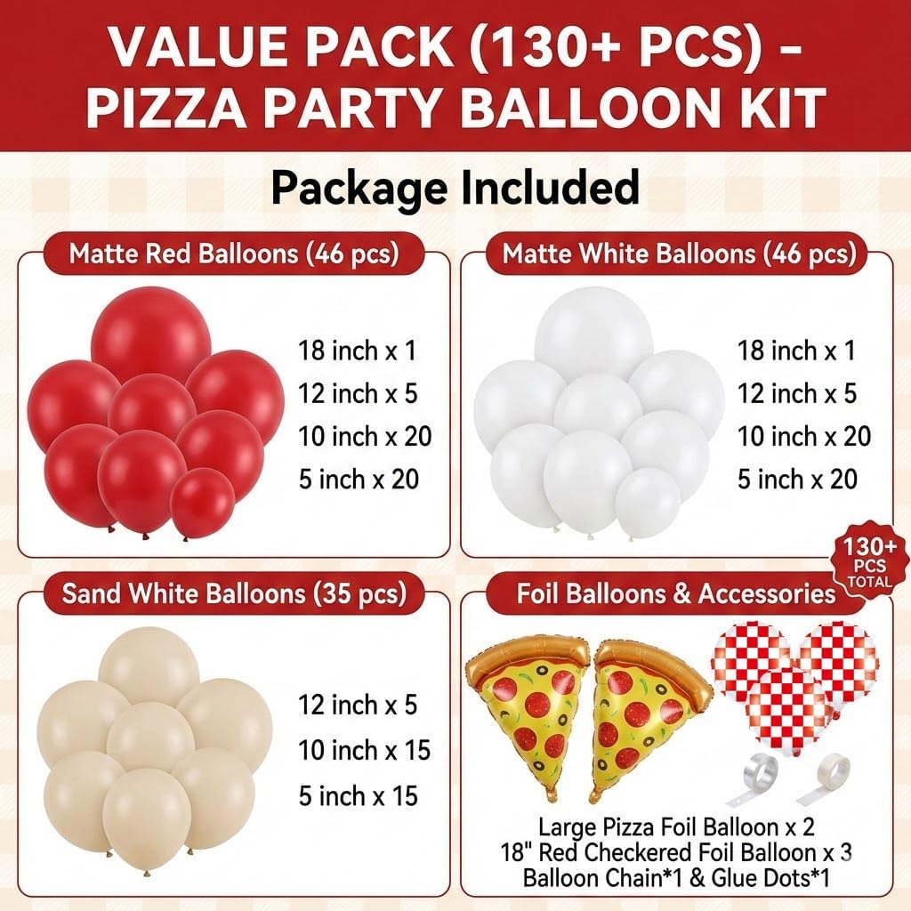 132PCS Pizza Party Balloon Arch Kit, Red White Sand White Latex & Gingham Checkered Foil Balloons with Pizza Foil Mylar for Italian Theme Birthday Baby Shower Christmas New Year Decorations
