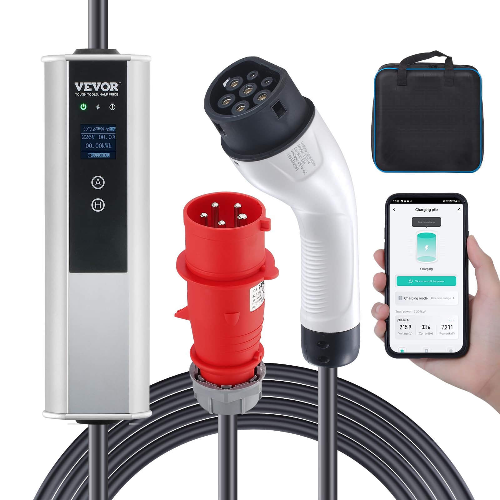 VEVOR Cargador Portátil para Vehículos Eléctricos Tipo 2 IEC6219 Cargador para Coche Eléctrico 32 A 7,​36 kW Monofásico 22 kW Cable de Carga Trifásico 7,​5 m CEE 32 Enchufe LCD IP66 con Bolsa Gancho