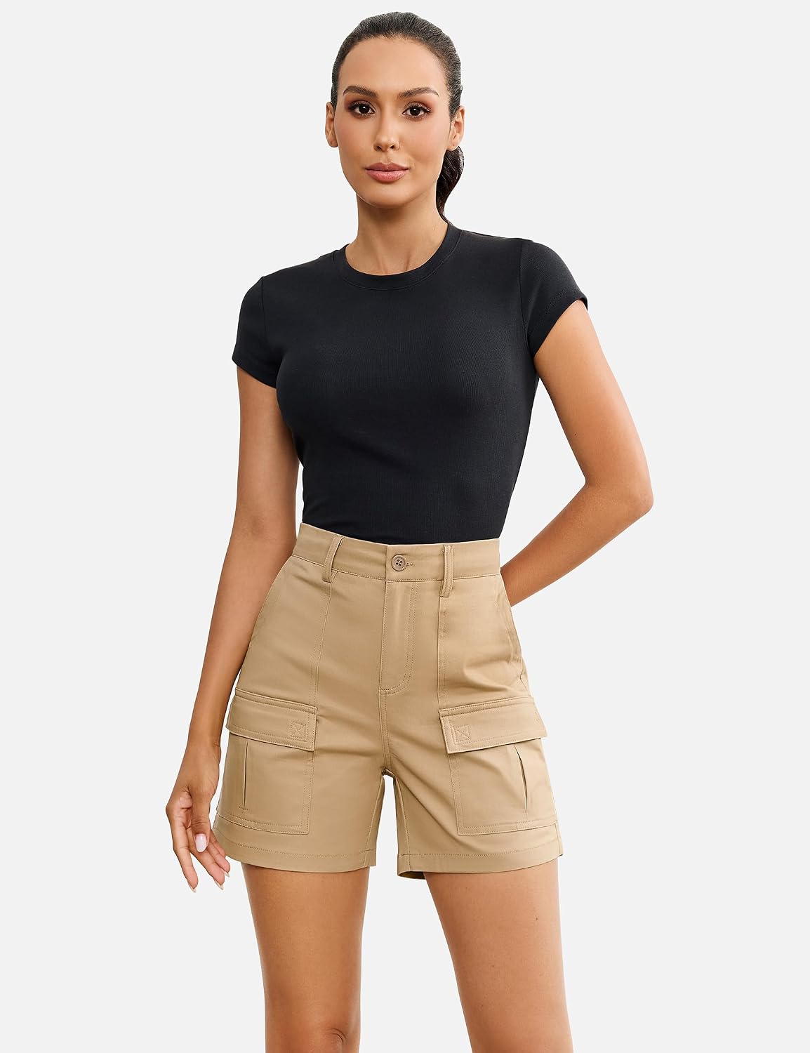 luvamia Cargo Shorts for Women Trendy High Waisted Casual Summer Knit Elastic Back 5 Inch Inseam Mid Thigh Chino Shorts