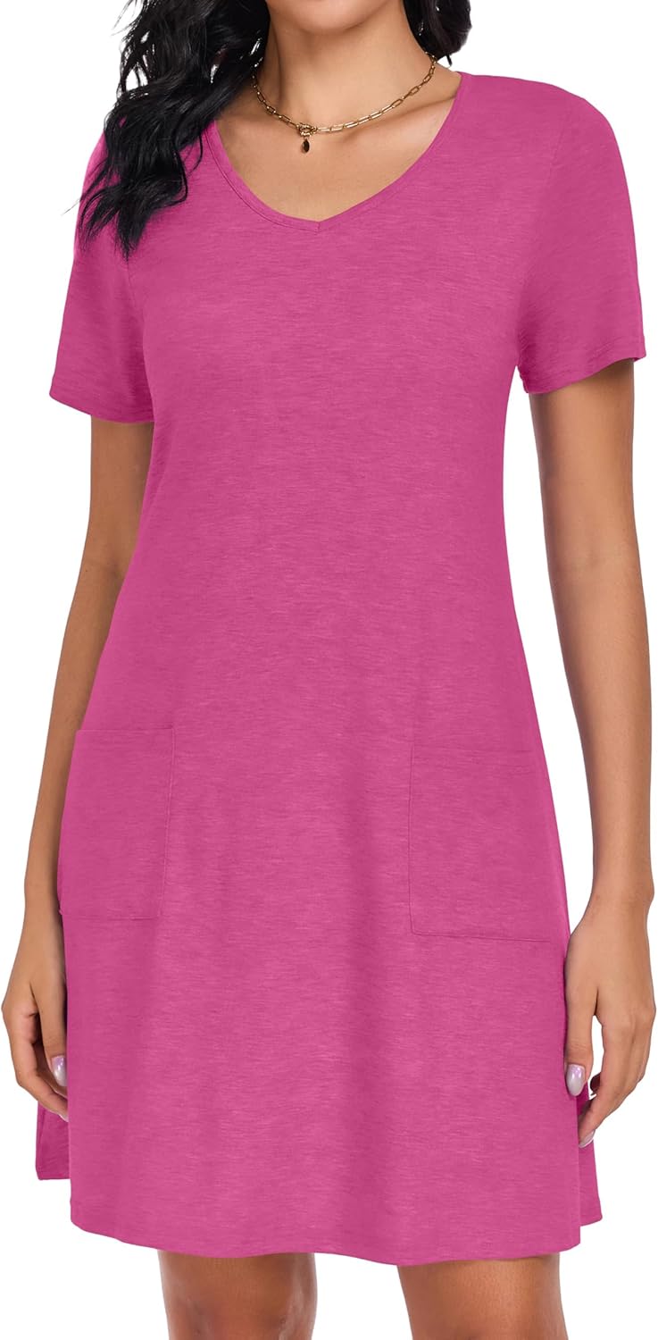 CHICGAL Summer Dresses for Women V Neck Short Sleeve Casual Loose T Shirt Sundress Beach Cover Ups with Pockets - Image 5
