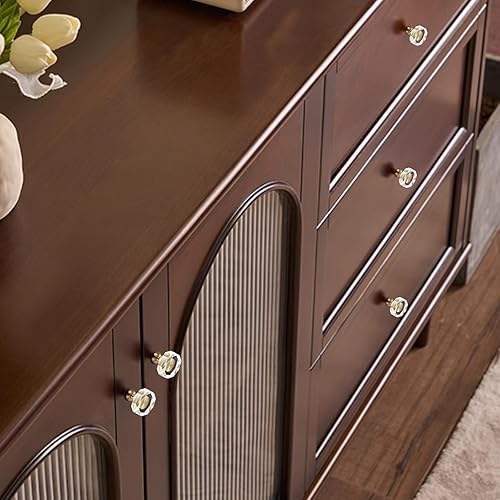 Miniatura 8 de Paquete de 12 perillas de cristal blanco de 1-14 pulgadas con patrón, tiradores de latón para cajones de cómoda, herrajes dorados para gabinete de