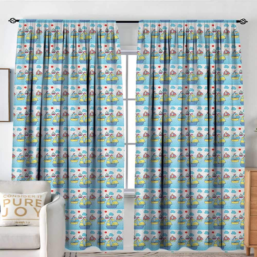 NUOMANAN Window Blackout Curtains Summer,Sail Boats in The Stripes Sea Holiday Sun Ocean Clouds Sky in Cartoon Drawing Style, Multicolor,for Room Darkening Panels for Living Room, Bedroom 84"x100"
