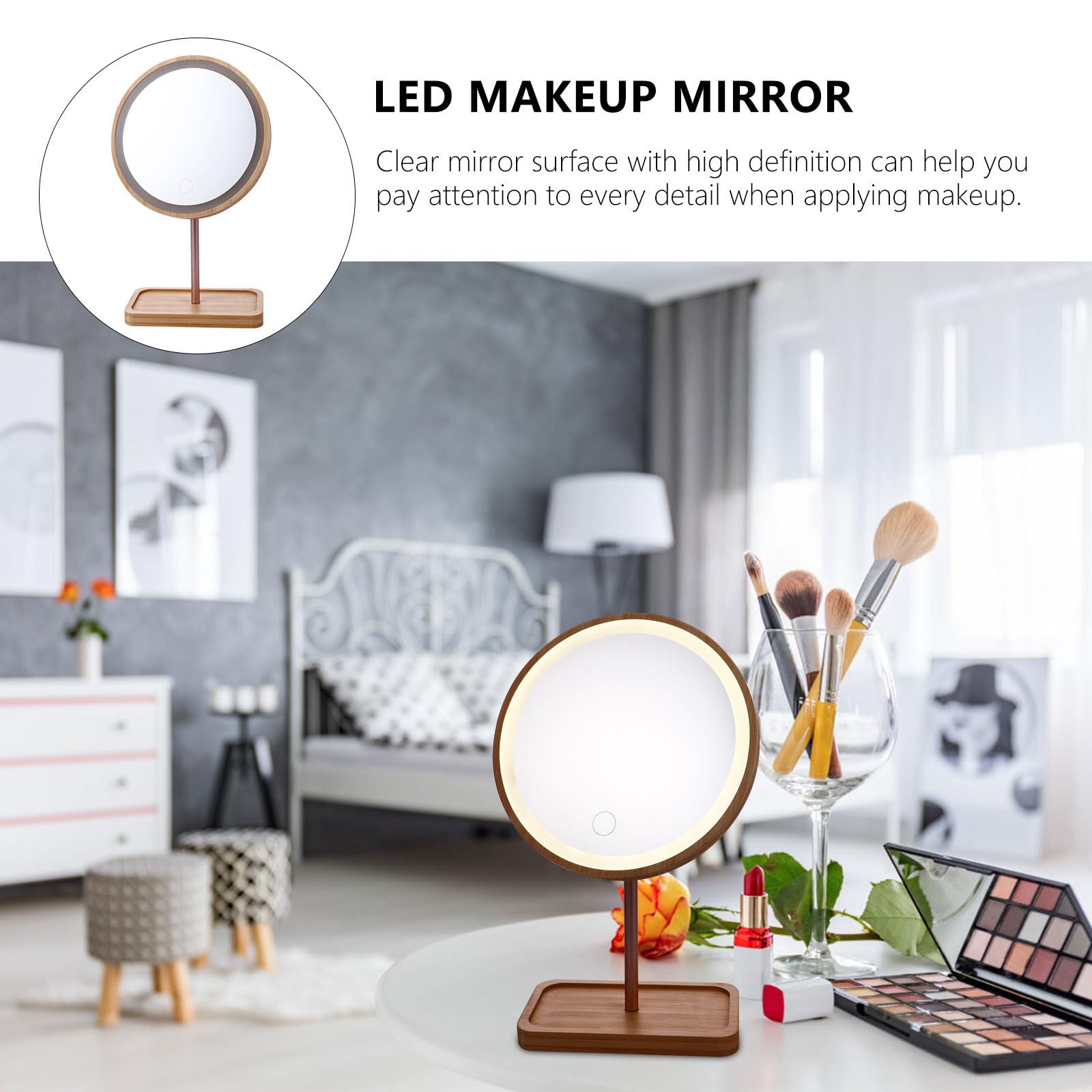Genérico Espejo y Madera Beige Material Sintético de Maquillaje LED con Base Estable y Diseño Táctil Adecuado para Maquillaje Diario y Obsequio Elegante