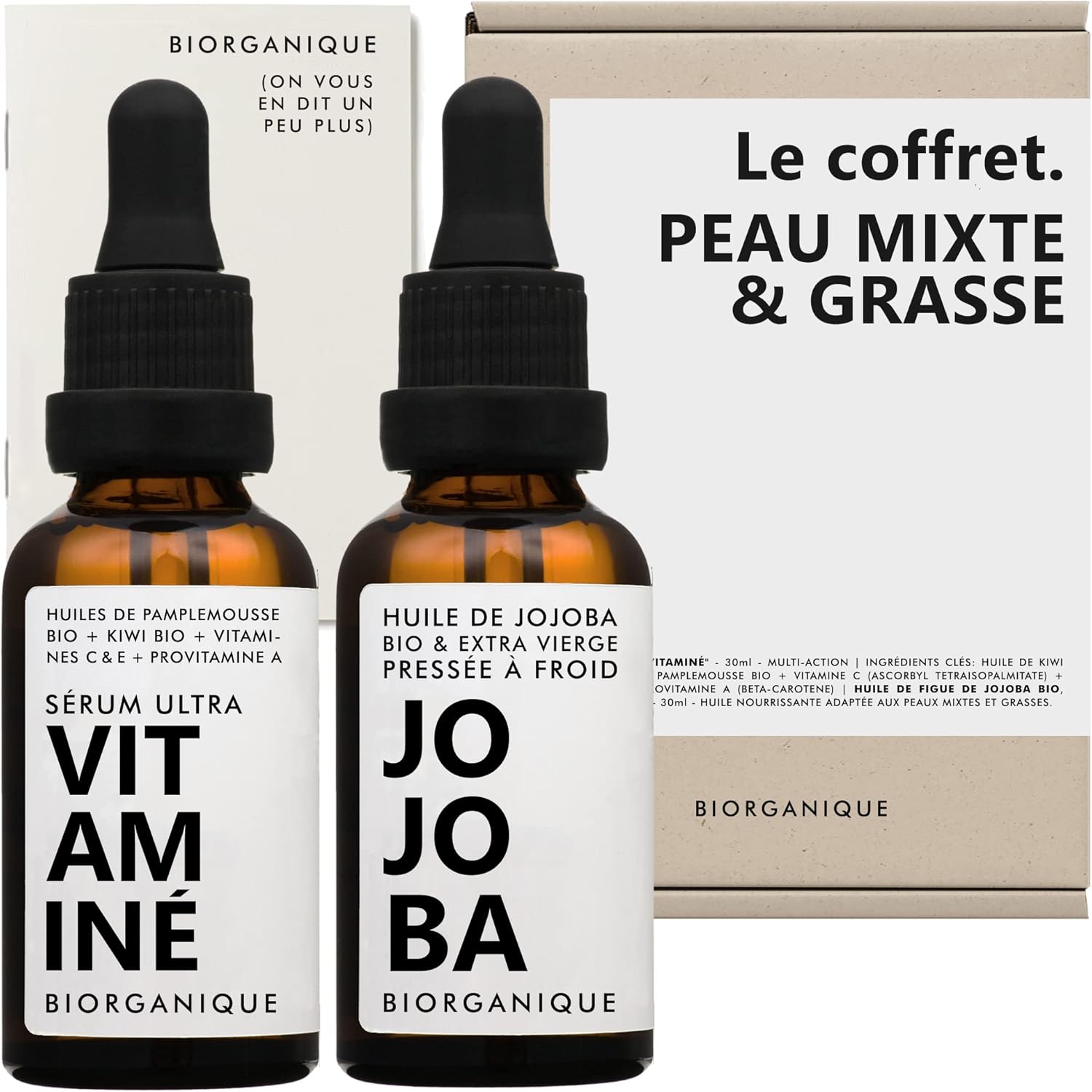 Biorganische DOOS | Gecombineerde en vette huid | 1x BIOLOGISCHE JOJOBA-olie + 1x MULTI-ACTION SERUM met vitamine C, E en provitamine A + BIOLOGISCHE kiwi-olie | Gezicht | 100% natuurlijk | 2×30 ml