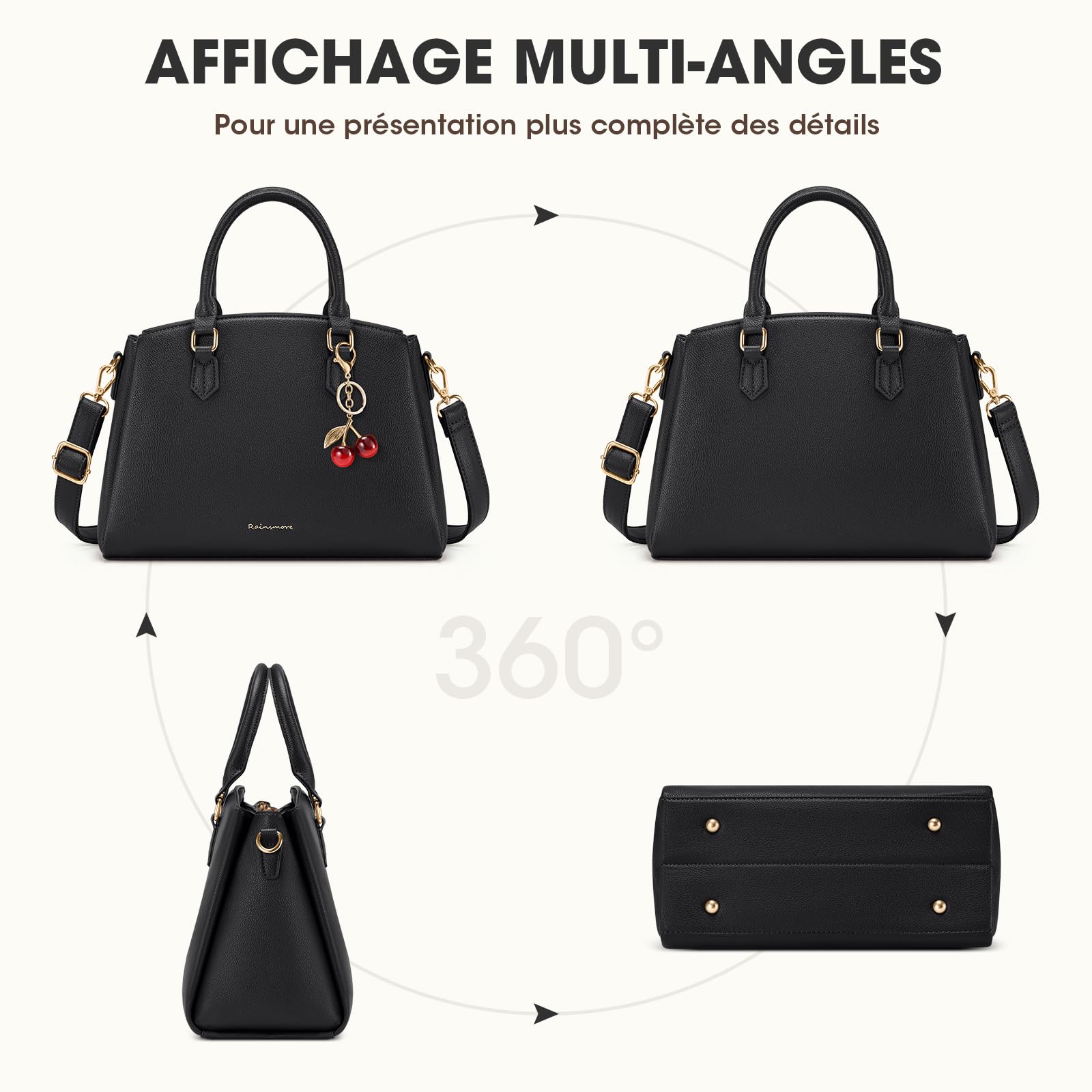 RAINSMORE Sac a Main Femme en Cuir PU Sac a Main avec Bandoulière Amovible Sac a Main Femme Cuir Convient pour Tablette 11 Pouces Sac à Main pour le Travail Shopping Noir
