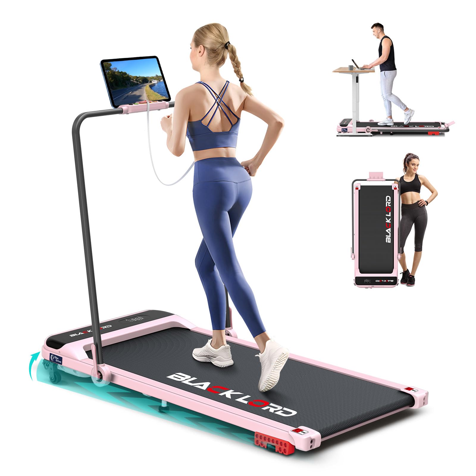 BLACK LORD Walkingpad Laufband, 9/12/16 km/h, Treadmill ohne/mit 9% Steigung, 2,2/3,0/3,2 PS, 120/130/140 kg Gewicht, tragbar, leise, LED-Display, App, Home Office, Joggen, Laufen, Fitness Maschine